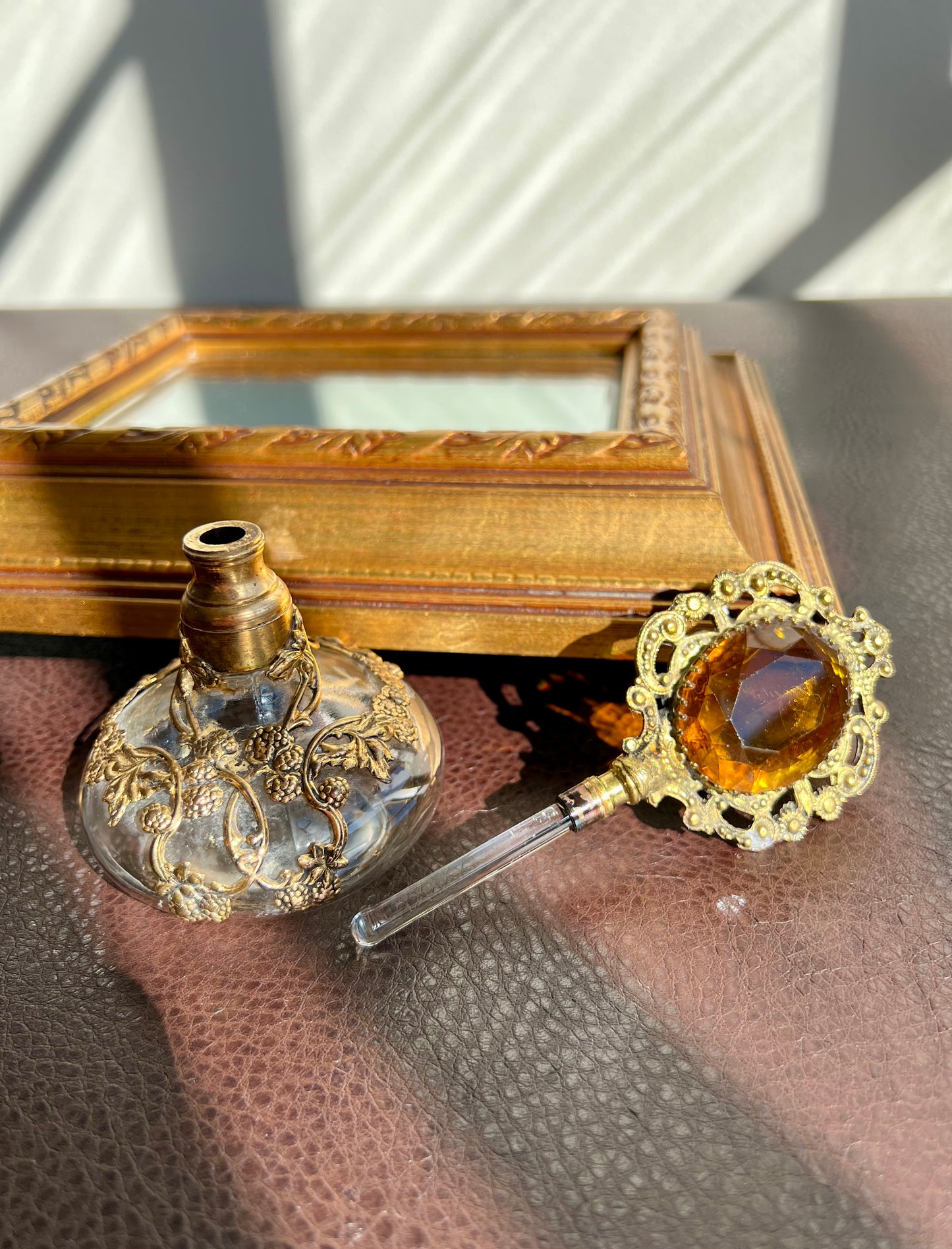 Gold Plated Ornate Perfume Bottle with Topaz Color Stone and Dauber, Ormolu Filigree