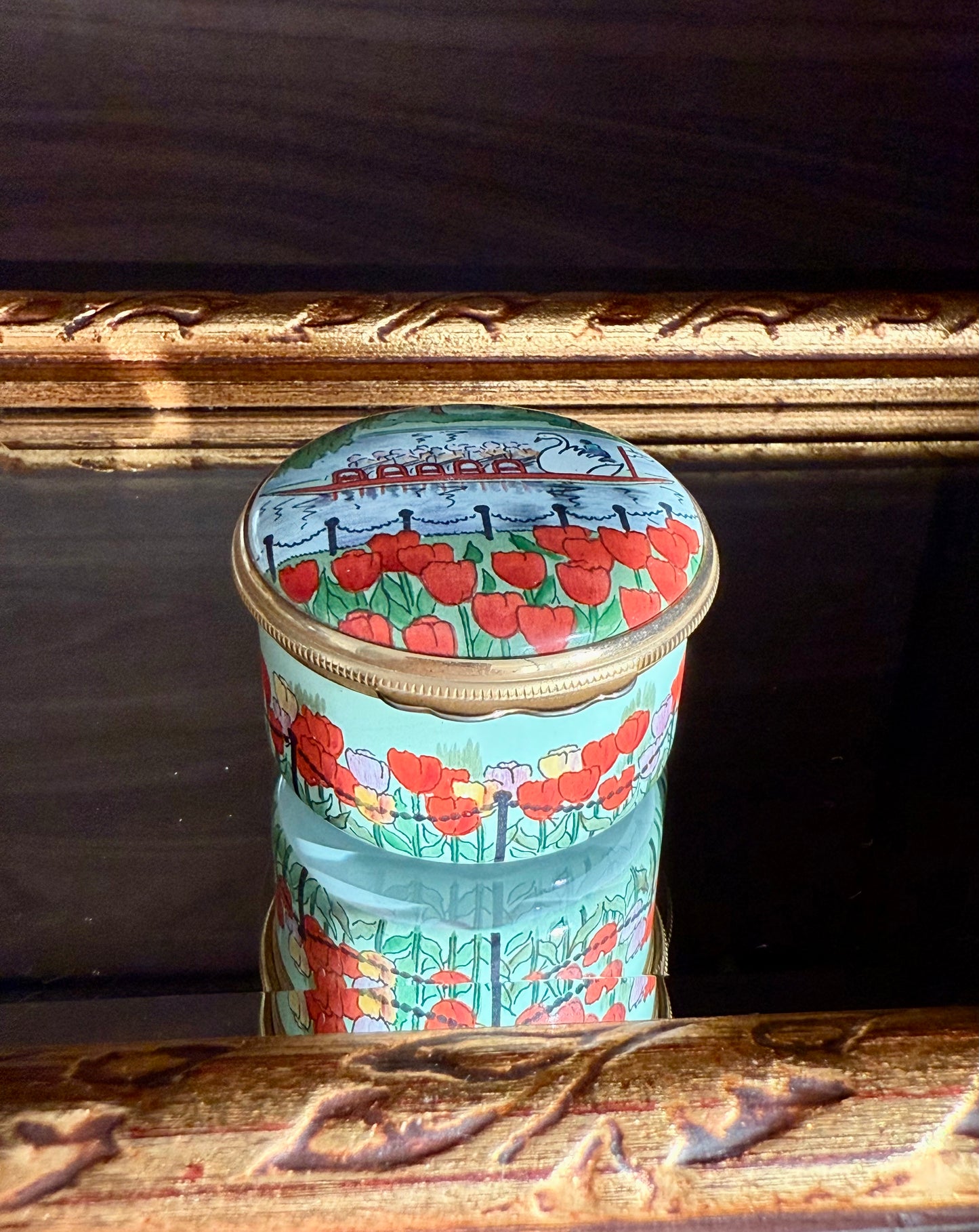 Halcyon Days Designed by Tiffany & Co. Boston Swan Boats Vintage Enamel Pill, Jewelry or Trinket Box