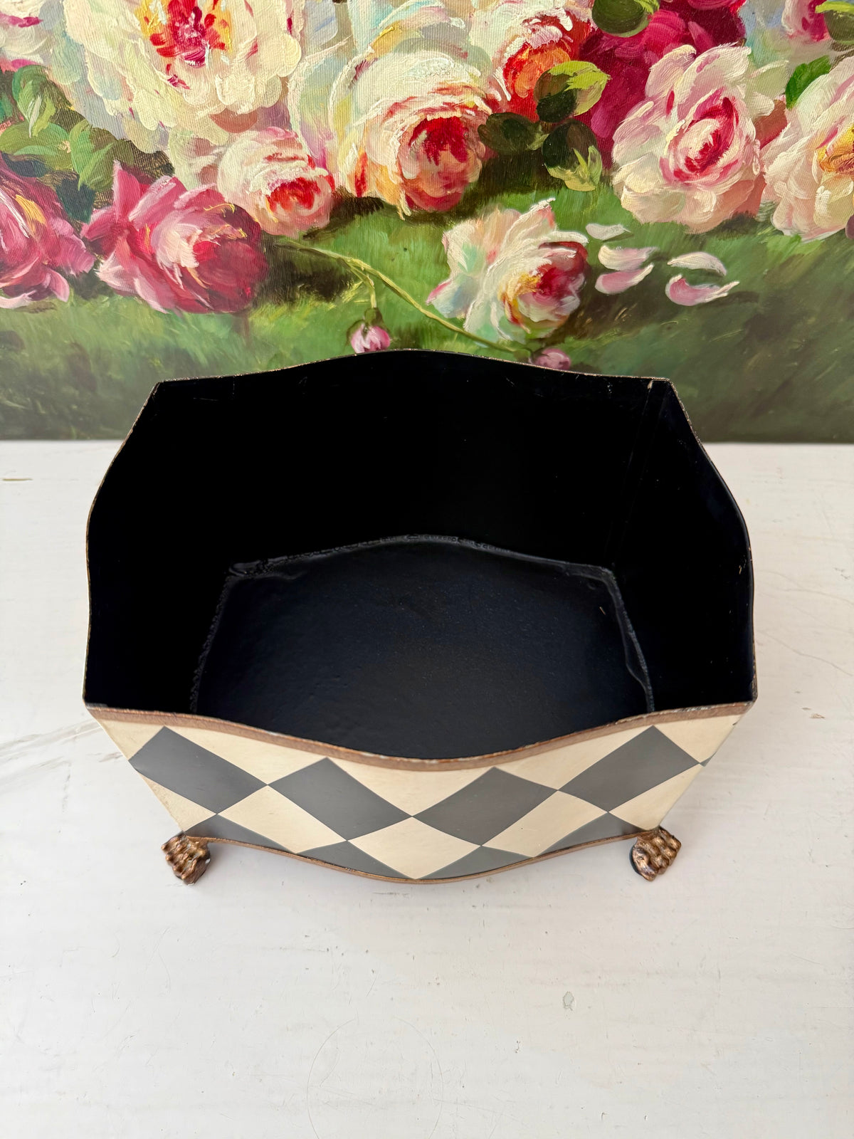 Vintage Hand-painted Metal Flower Pot/Planter with a Harlequin Pattern and Claw Feet