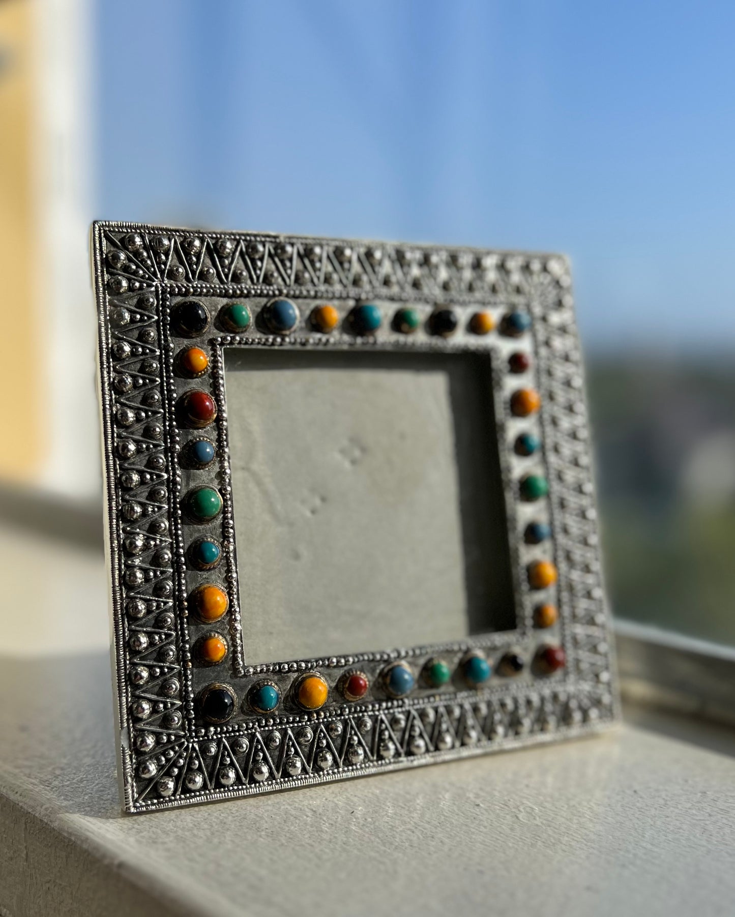 Unique Art Deco/ Pop Up Style Vinatage Silver Photo Frame with Colorful Stones Decorated