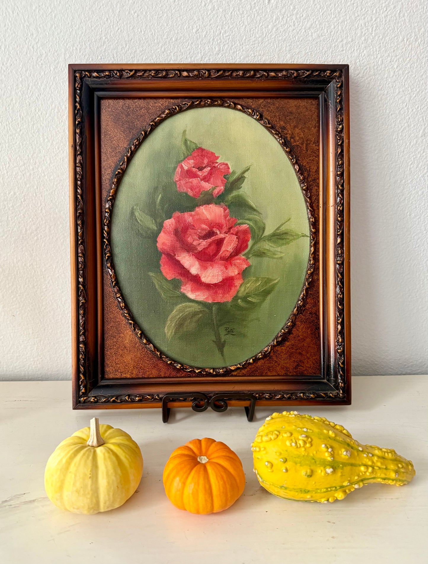 Vintage Oil Painting Red Roses on Canvas in Wooden Frame Signed by the Artist