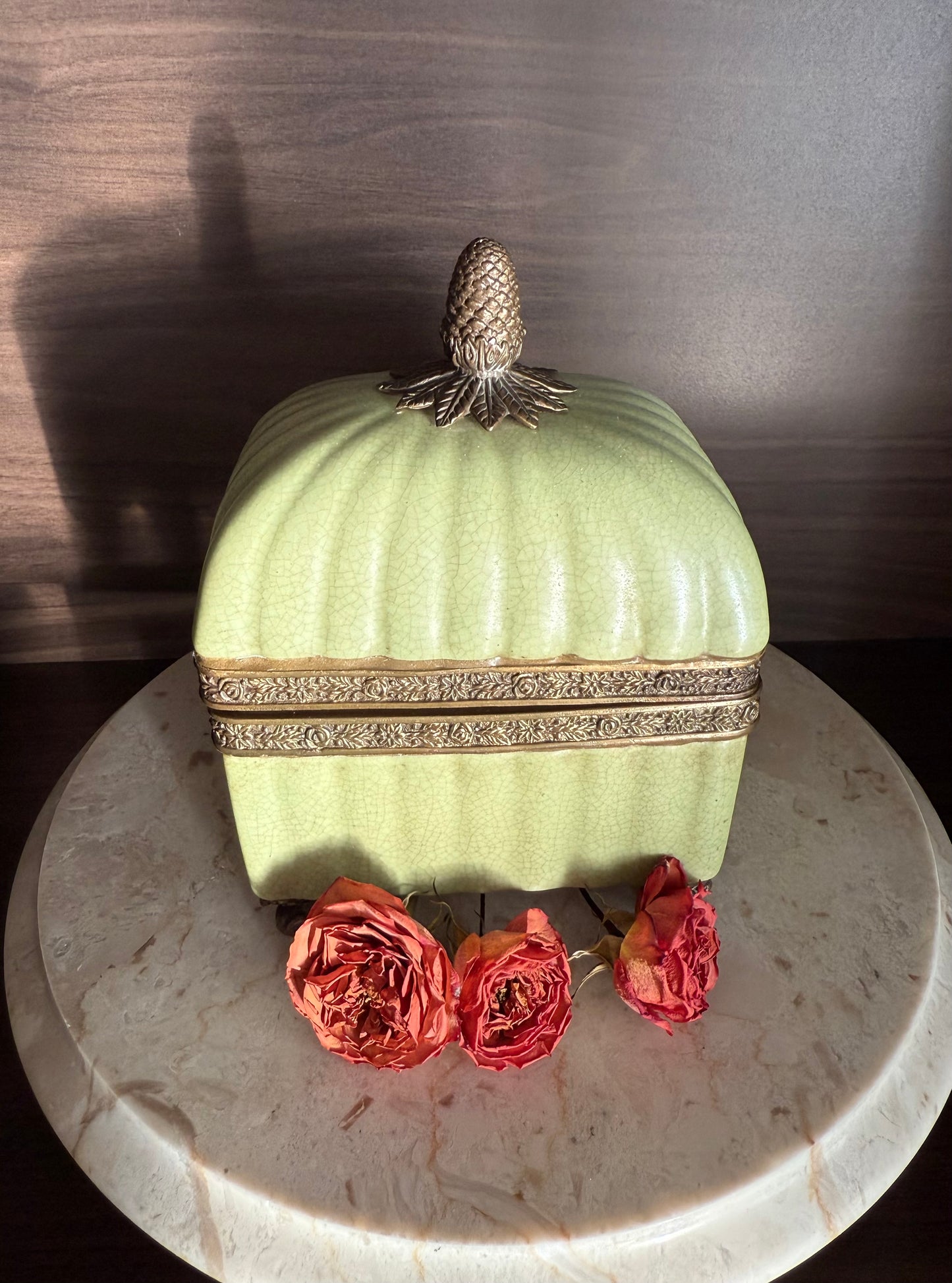 Vintage Porcelain Trinket Dish or Jewelry Box in a Glossy Crackle finish & Bronze Trims on four Legs