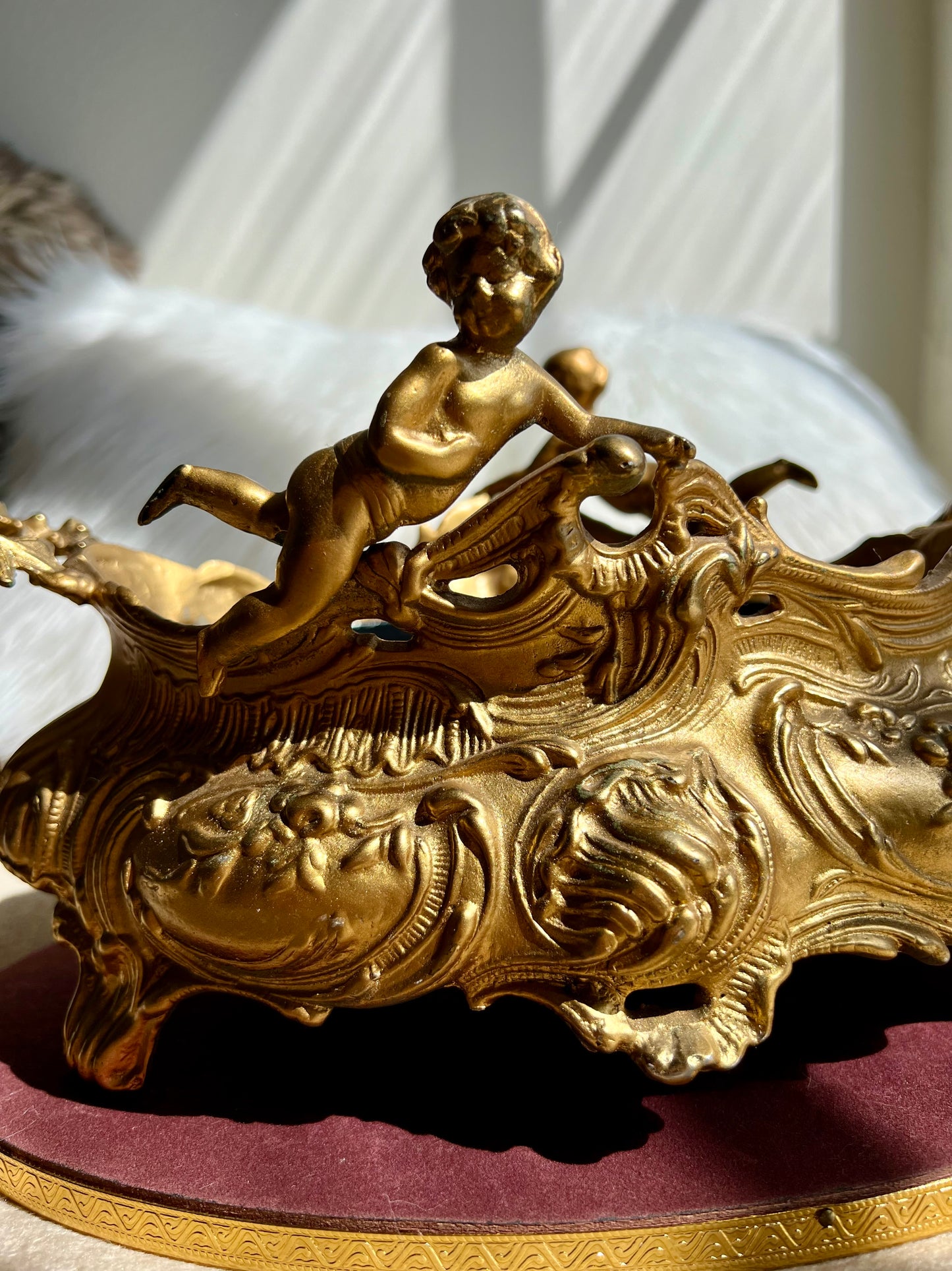 French Art Nouveau Vintage Brass Jardiniere Planter With Two Cherubs