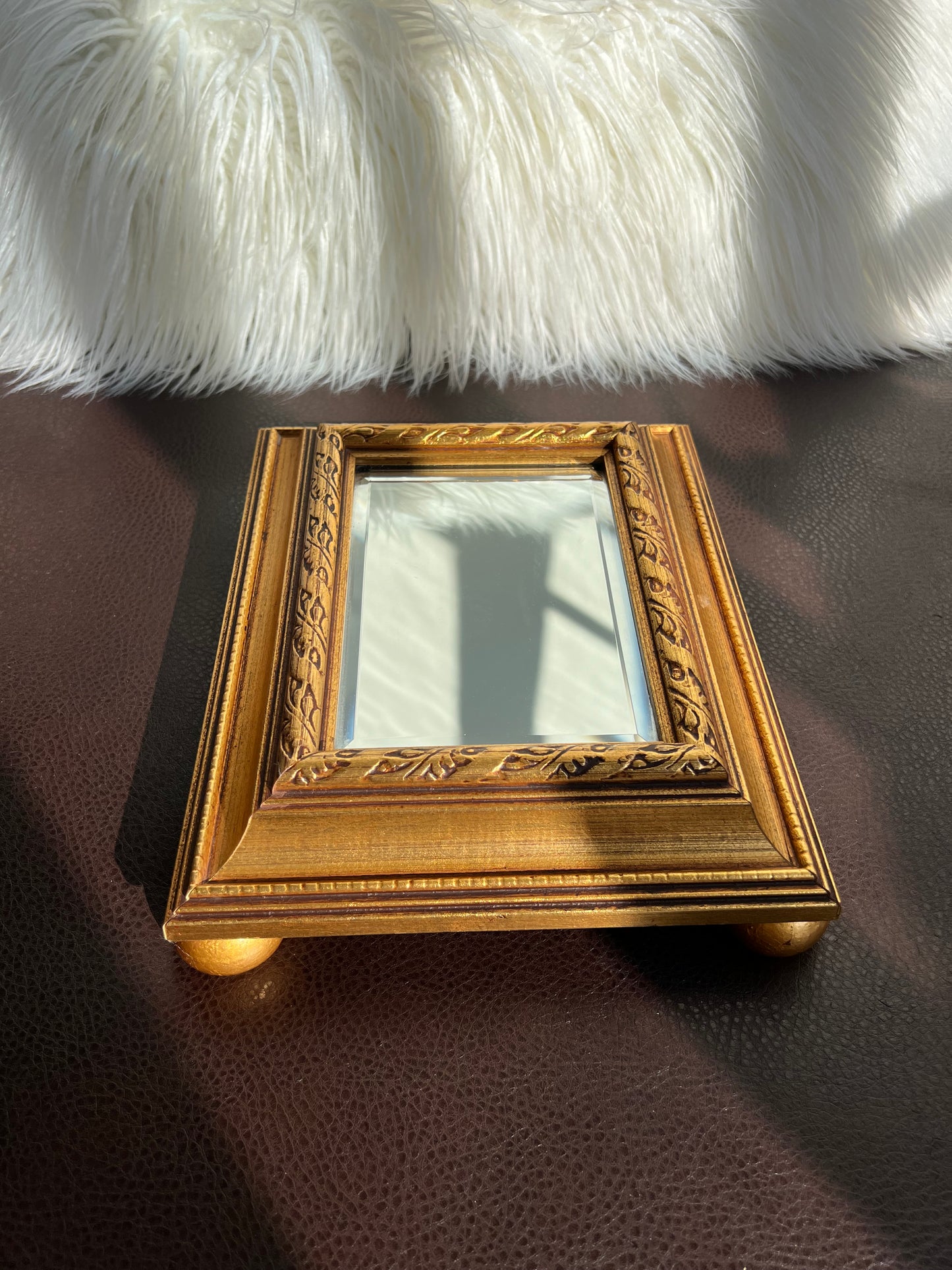 Vintage Gild Wooden Framed Table or Shelf Mirror with 4 Round Legs