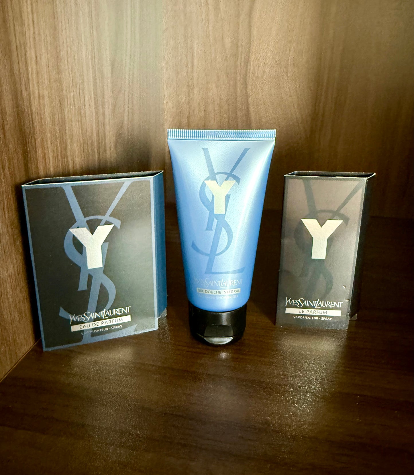 YSL, Yves Saint Laurent Y Eau de Parfum Gift Set, with Two Perfume Samples, a Shower gel, and Matching Pouch