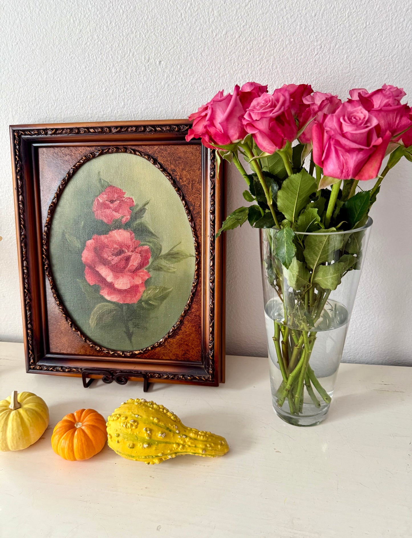 Vintage Oil Painting Red Roses on Canvas in Wooden Frame Signed by the Artist