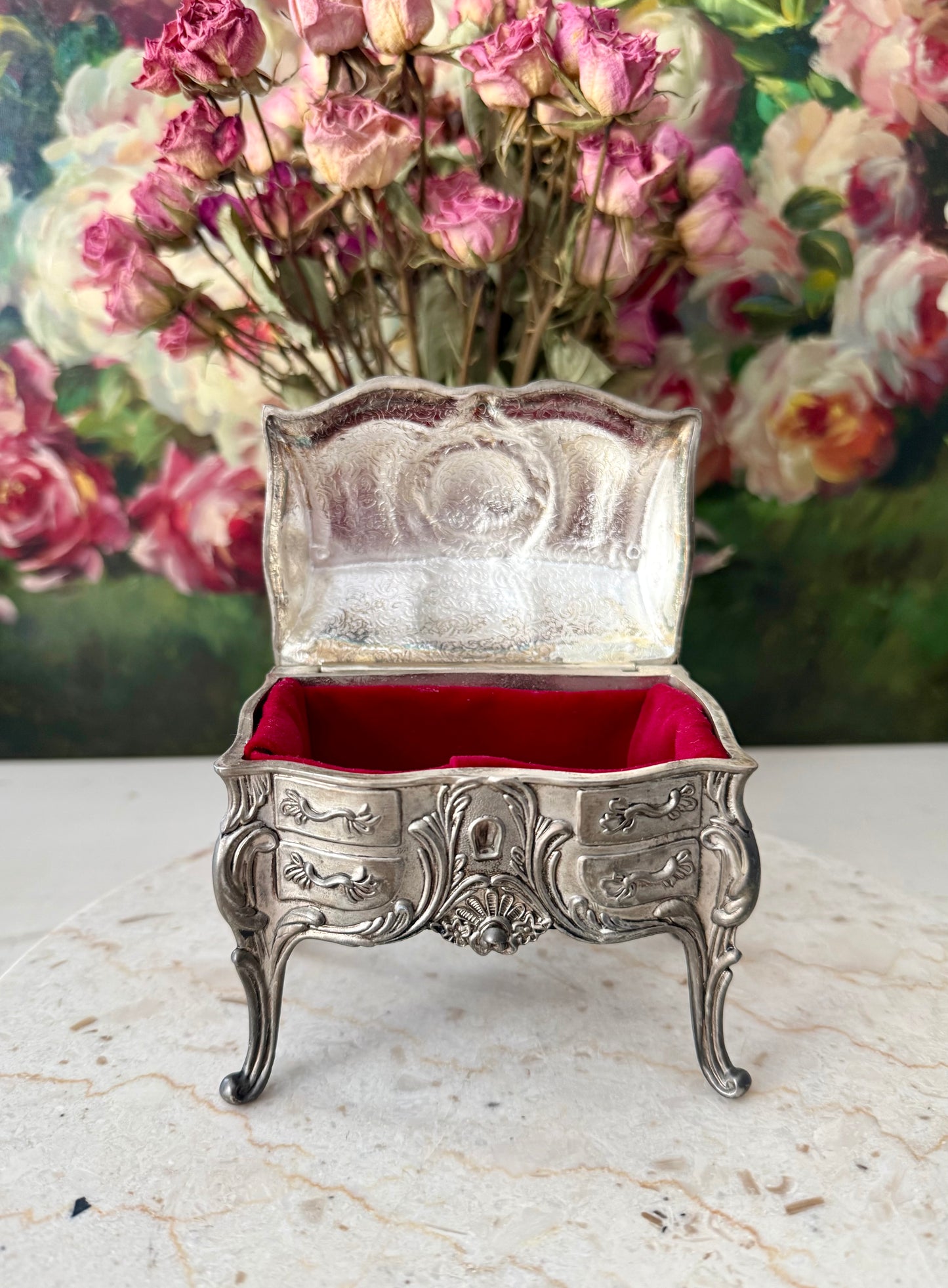 Antique Art Nouveau French Style Silver Plated Jewelry Casket Velvet Lined Romantic Trinket Box