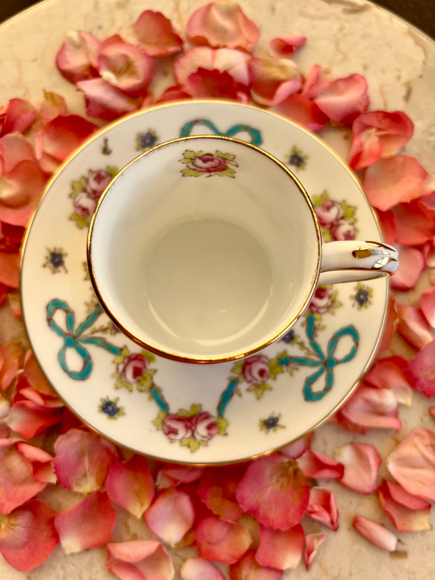 Crown Staffordshire Bright Blue Enameled Ribbon and Looped Bows Pattern Coffee Cup and Saucer from 1940-50's