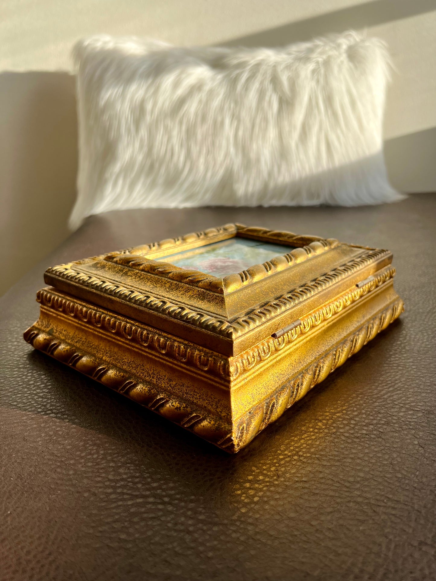 Florentine Style Vintage Gilded Wooden Jewelry Box with Tapestry Flower Decoration on Top Lid, Black Plush Lining Inside