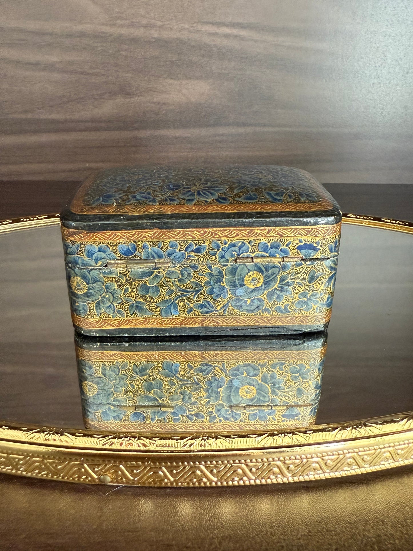 Beautiful Vintage Blue and Gold Hand-Painted Wooden Kashmir Papier-Maché Ring Holder or Jewelry Box
