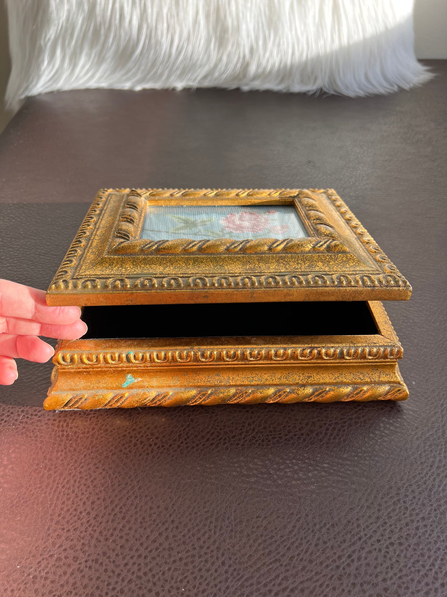 Florentine Style Vintage Gilded Wooden Jewelry Box with Tapestry Flower Decoration on Top Lid, Black Plush Lining Inside