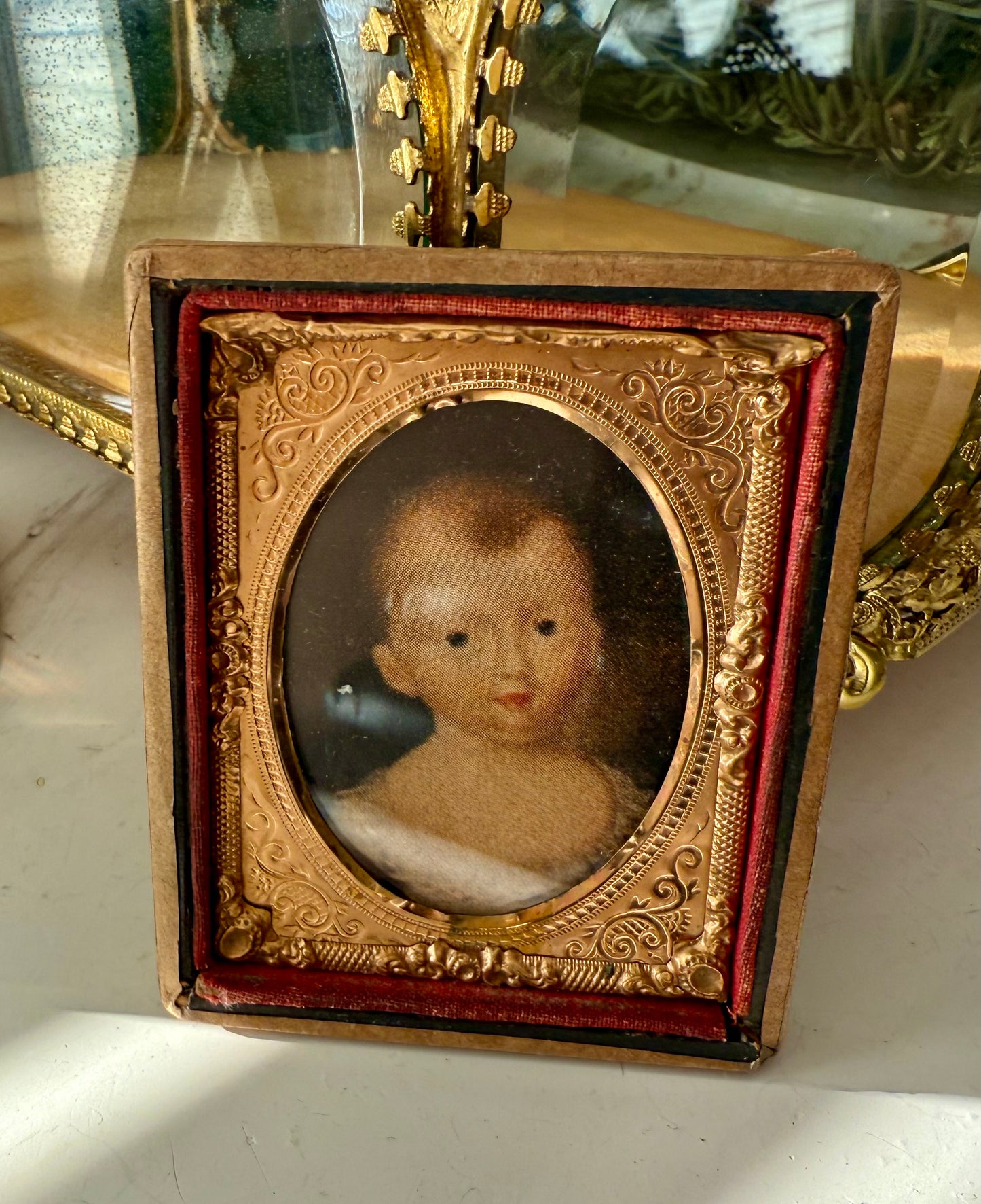 Vintage/ Antique Miniature Golden Wooden Frame with Print Portrait of a Baby