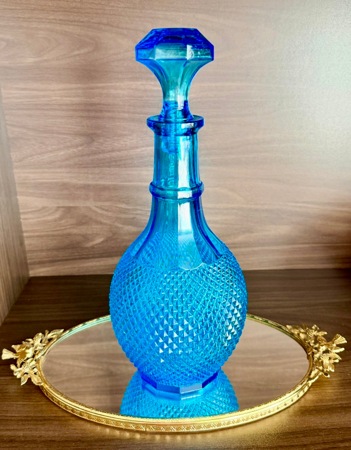 Mid-Century Italian Vintage Empoli-Style Blue Diamond Cut Glass Decanter Bottle