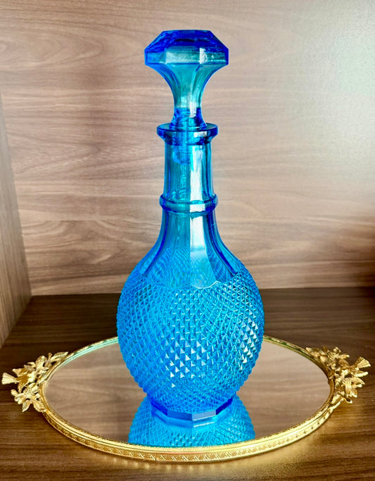Mid-Century Italian Vintage Empoli-Style Blue Diamond Cut Glass Decanter Bottle