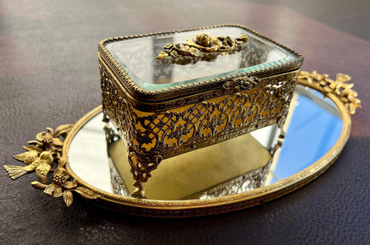 Matson Gold Ormolu Roses Vintage Jewelry Box with Beveled Glass