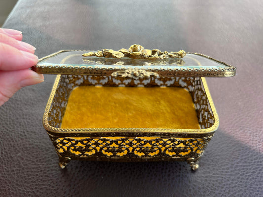 Matson Gold Ormolu Roses Vintage Jewelry Box with Beveled Glass