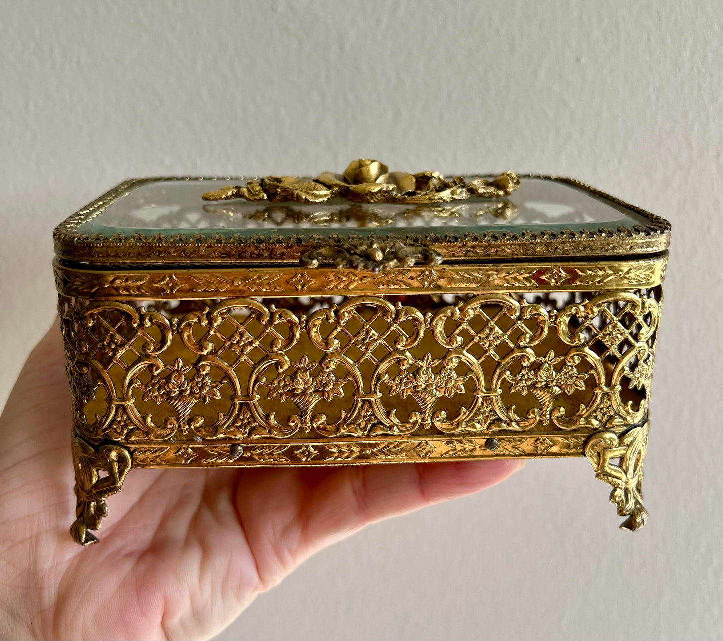 Matson Gold Ormolu Roses Vintage Jewelry Box with Beveled Glass