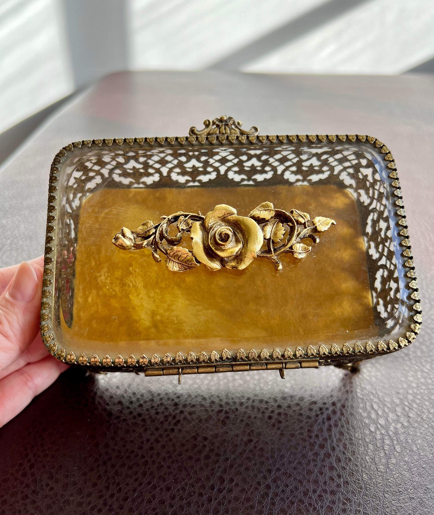 Matson Gold Ormolu Roses Vintage Jewelry Box with Beveled Glass