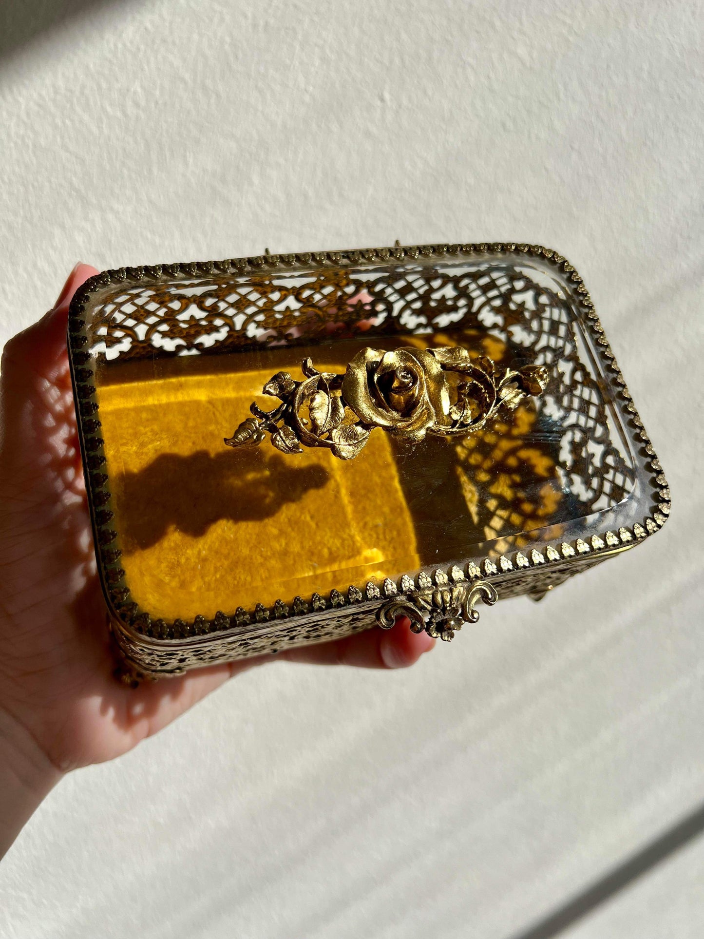 Matson Gold Ormolu Roses Vintage Jewelry Box with Beveled Glass