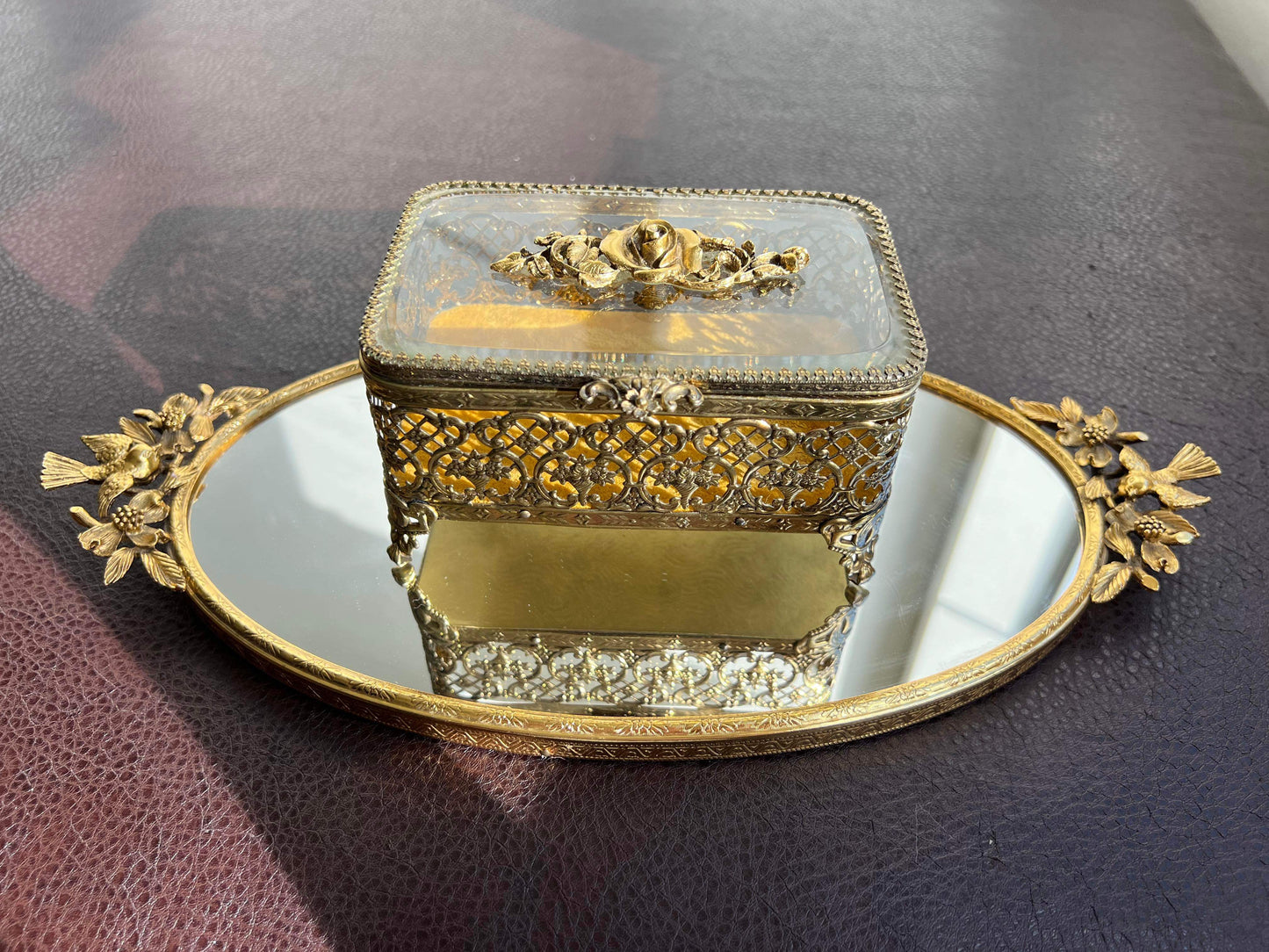 Matson Gold Ormolu Roses Vintage Jewelry Box with Beveled Glass