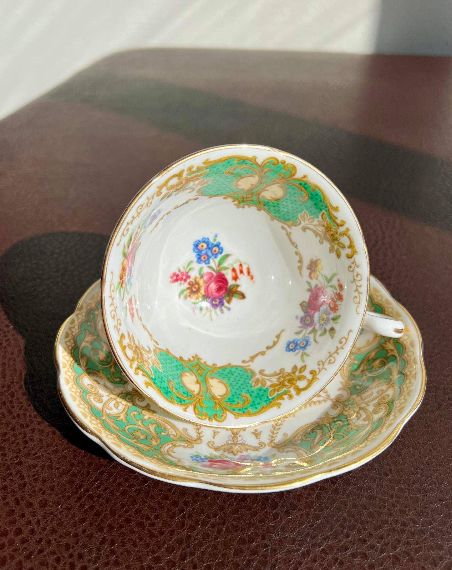 England Regency Queen Anne Green Floral Tea Saucer & cup