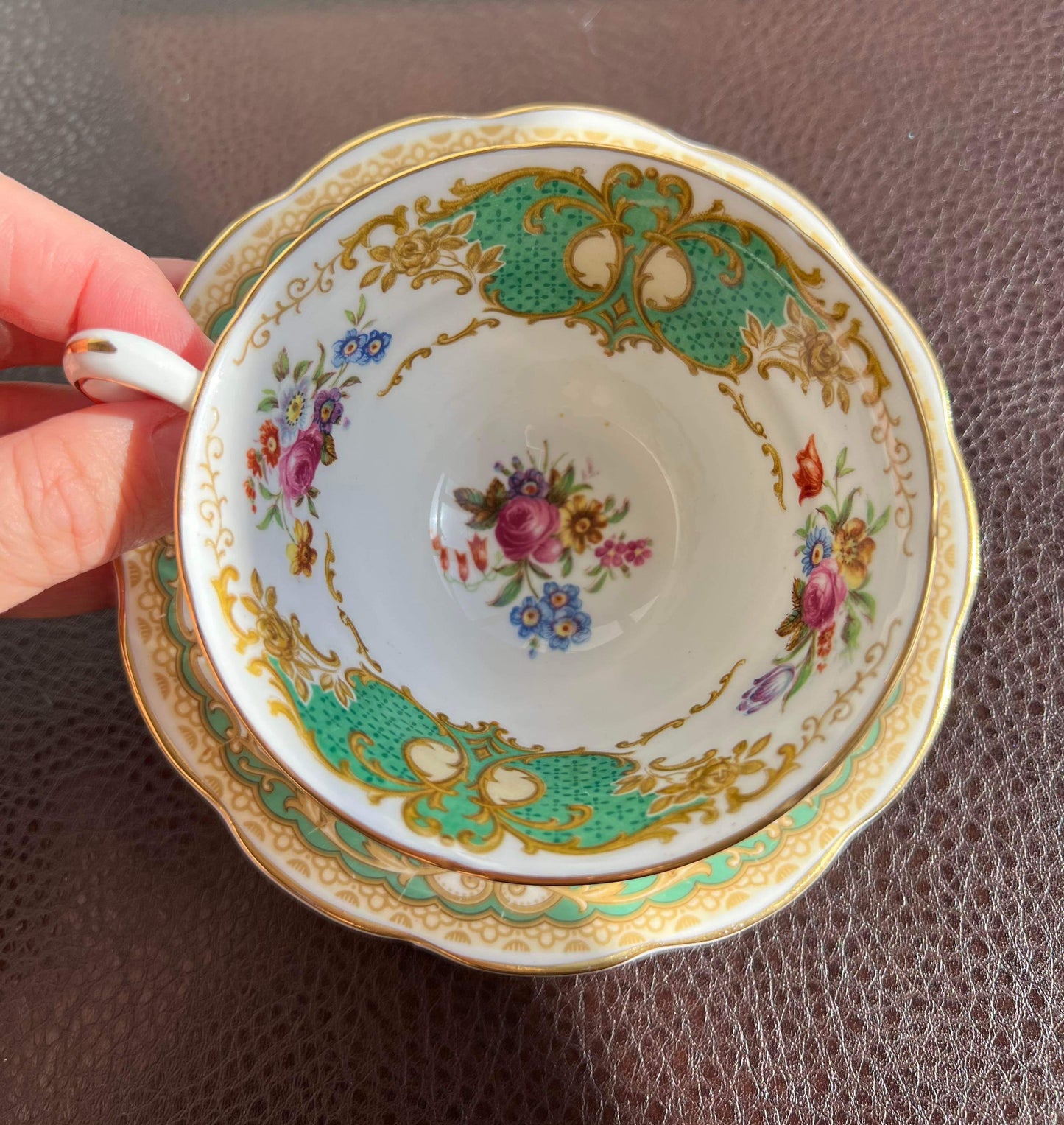 England Regency Queen Anne Green Floral Tea Saucer & cup