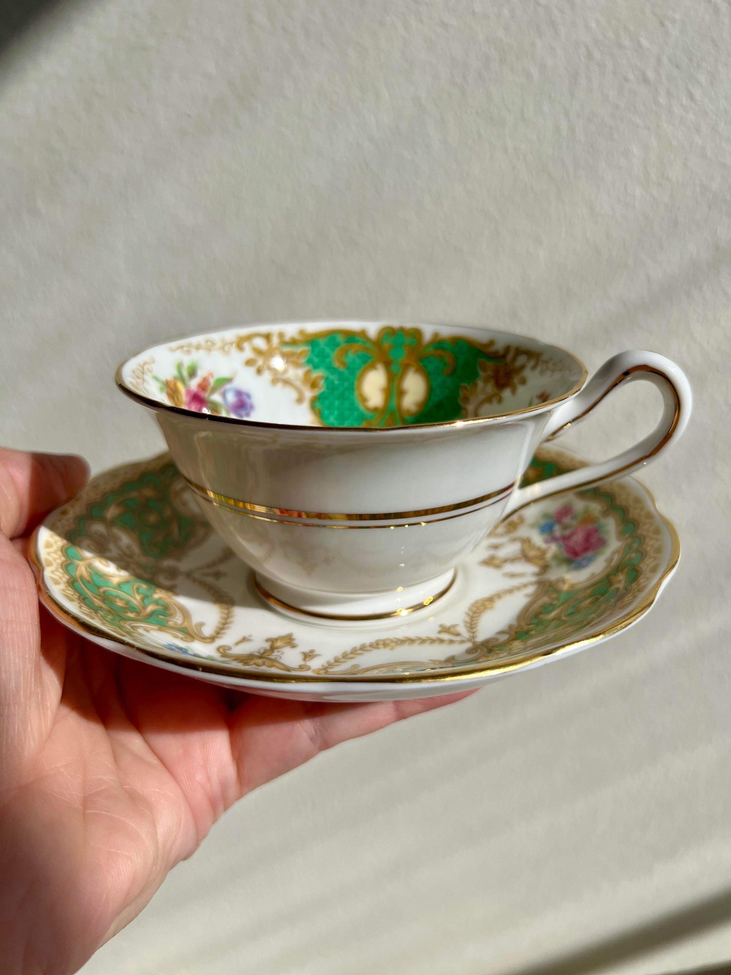 England Regency Queen Anne Green Floral Tea Saucer & cup