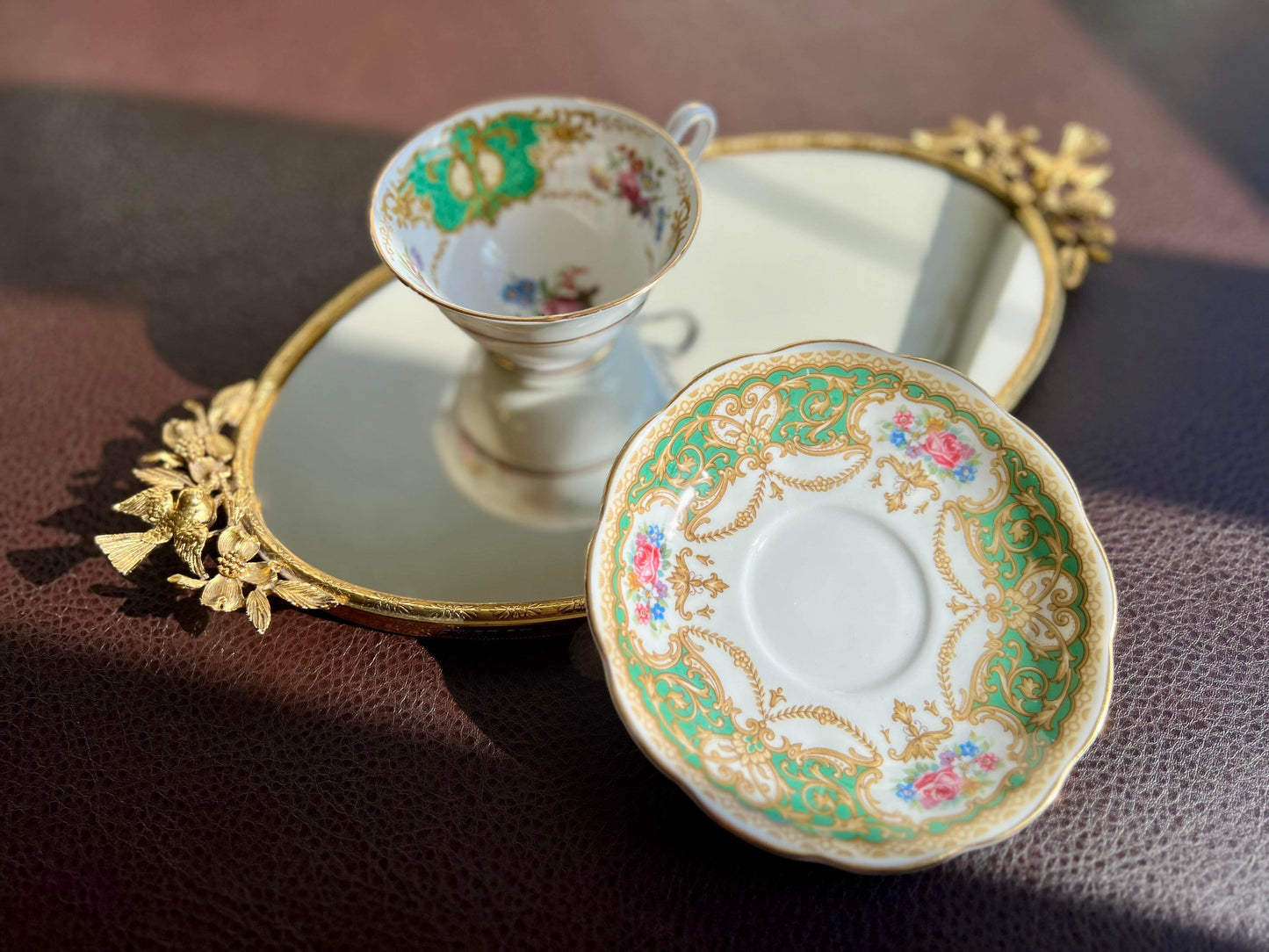 England Regency Queen Anne Green Floral Tea Saucer & cup