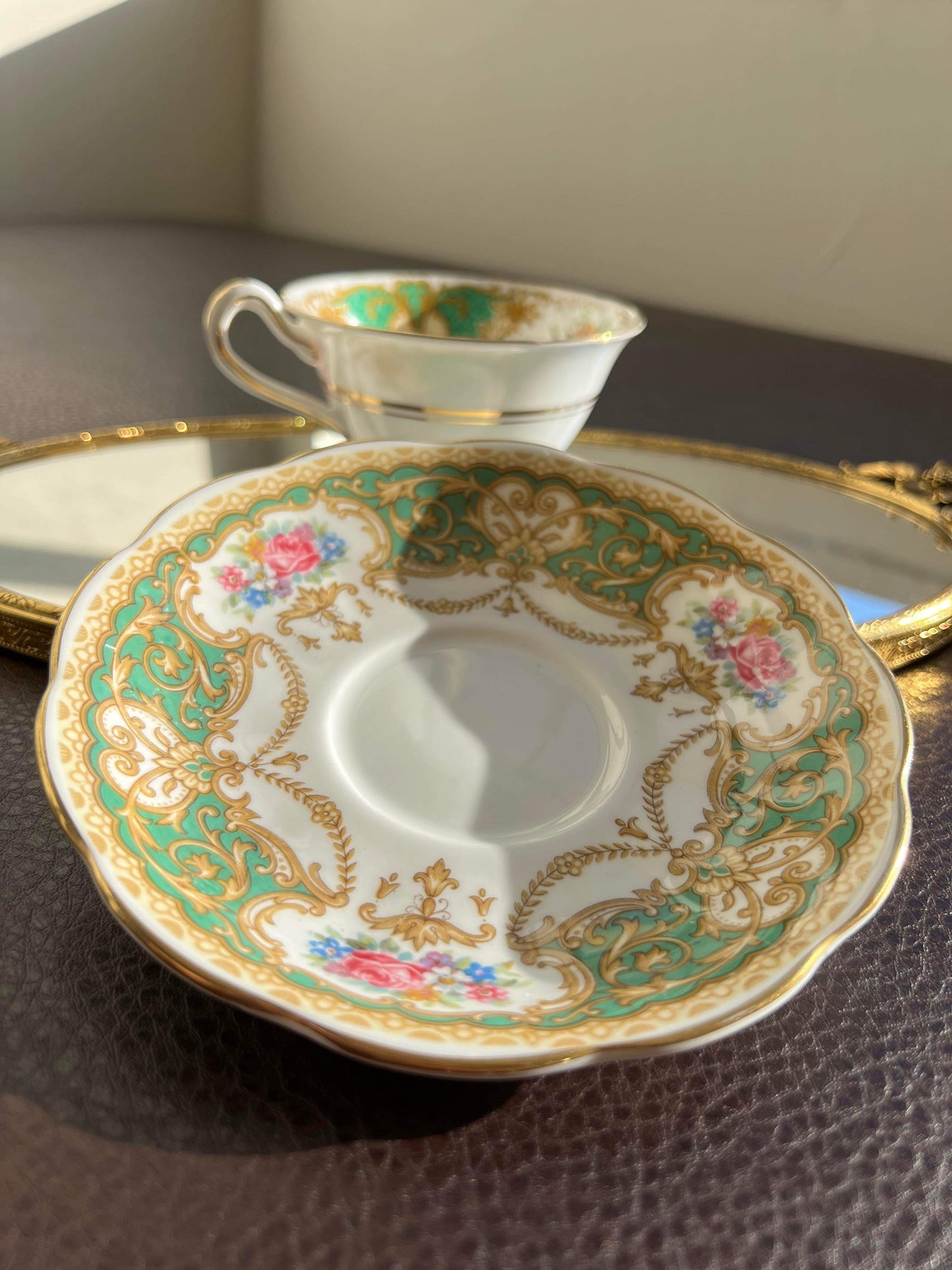 England Regency Queen Anne Green Floral Tea Saucer & cup