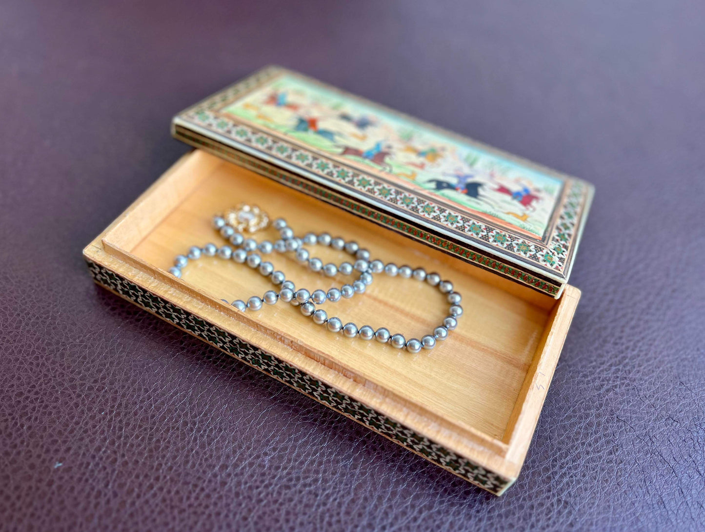 Persian hand painted wooden inlaid trinket box