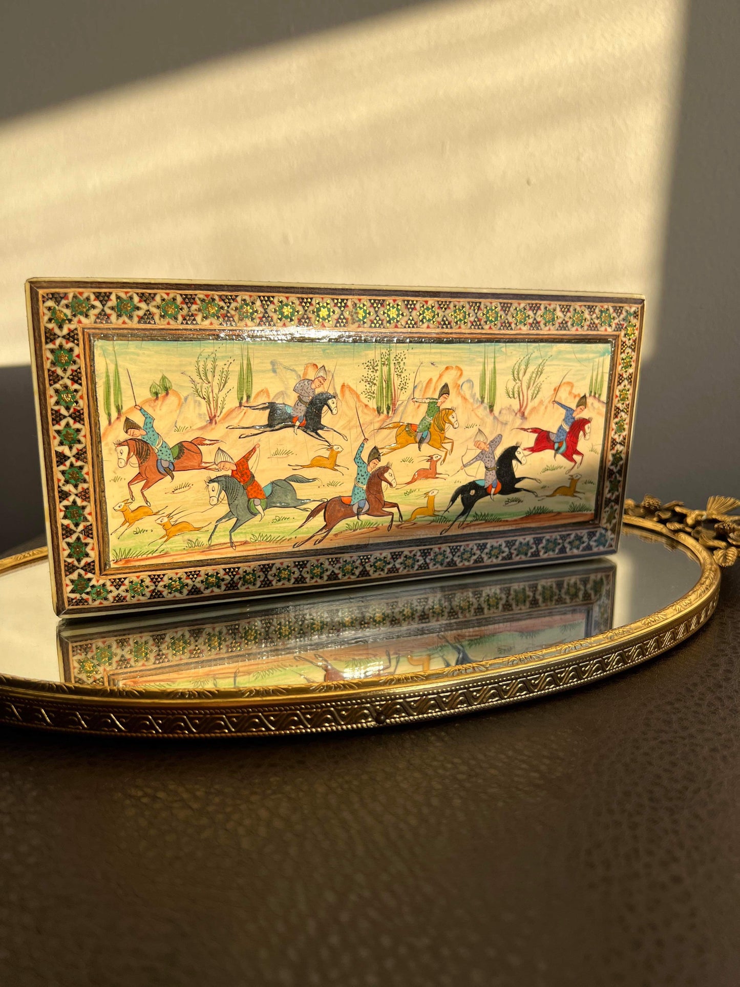 Persian hand painted wooden inlaid trinket box