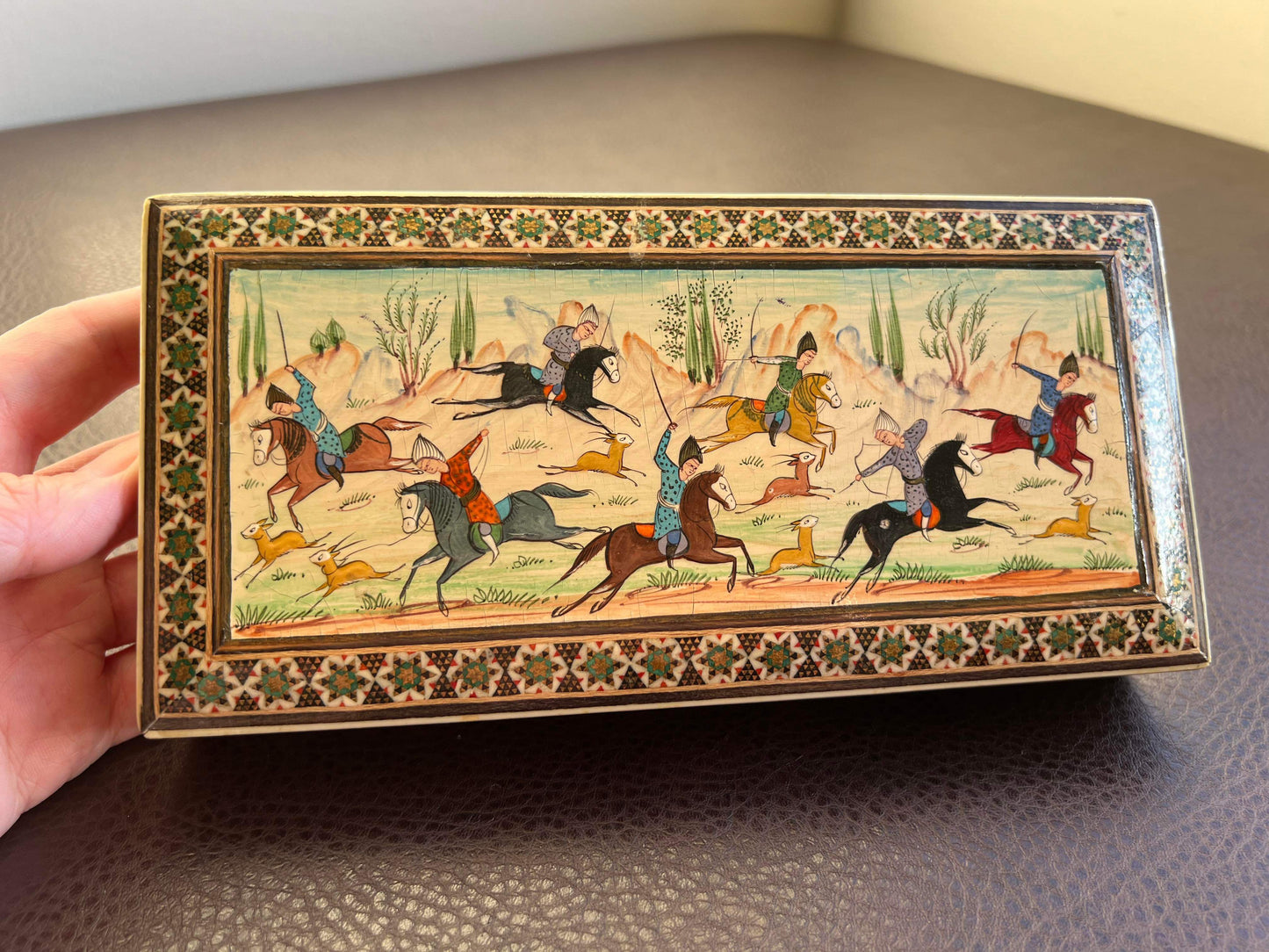 Persian hand painted wooden inlaid trinket box