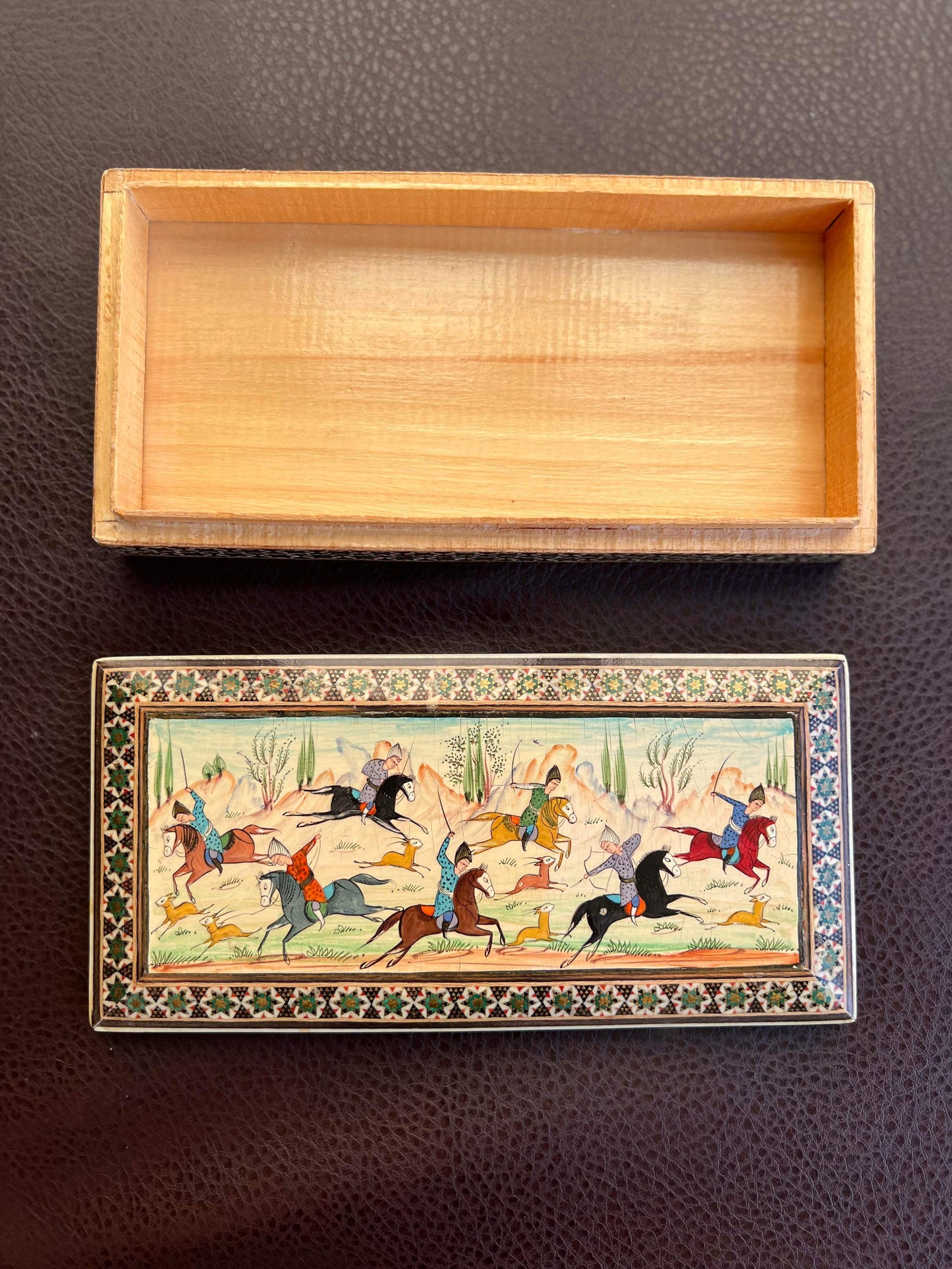 Persian hand painted wooden inlaid trinket box