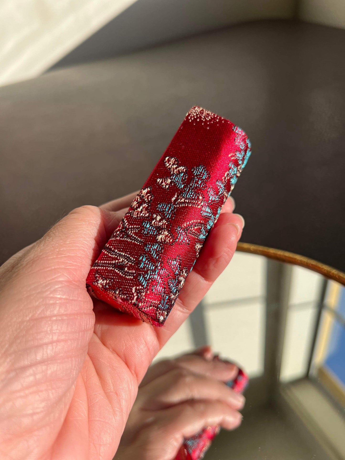 Red silk lipstick holder with mirror