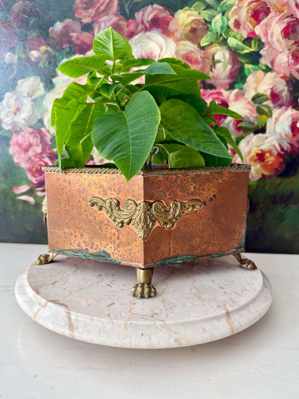 Antique Copper and Brass Planter or Jardinière, Footed Casket Box with Lion Heads and Claw Feet
