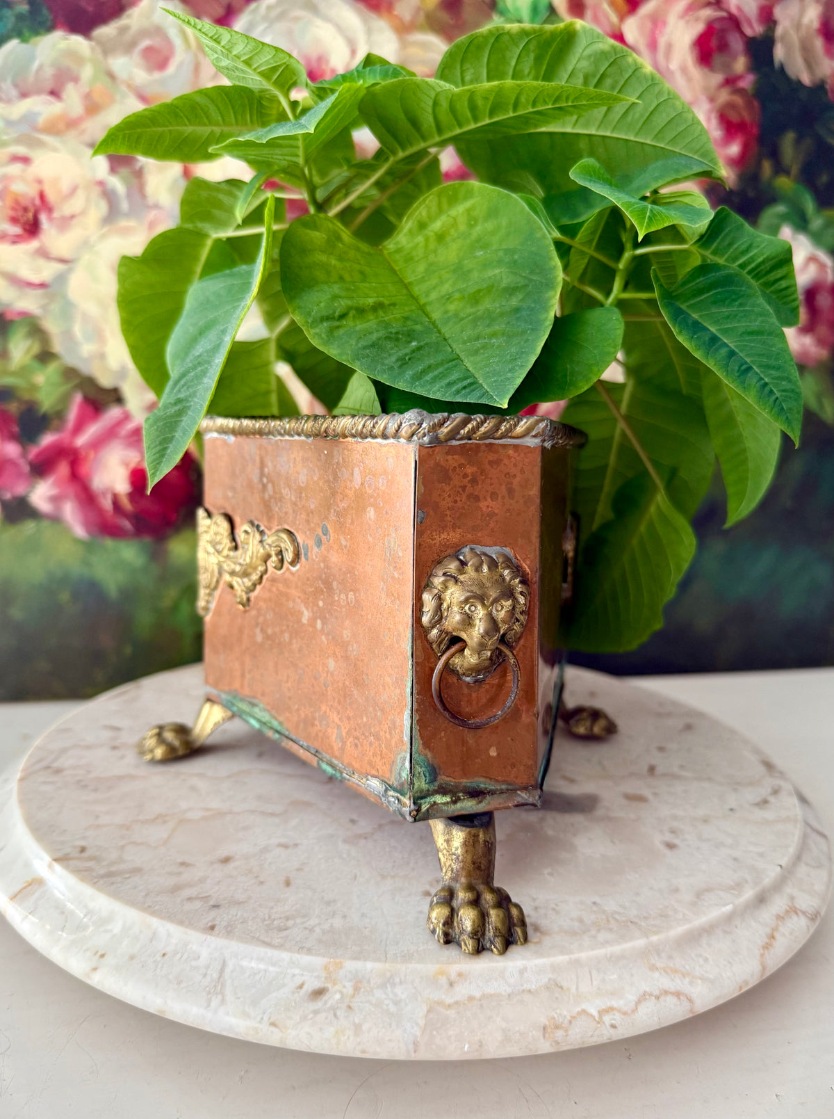 Antique Copper and Brass Planter or Jardinière, Footed Casket Box with Lion Heads and Claw Feet
