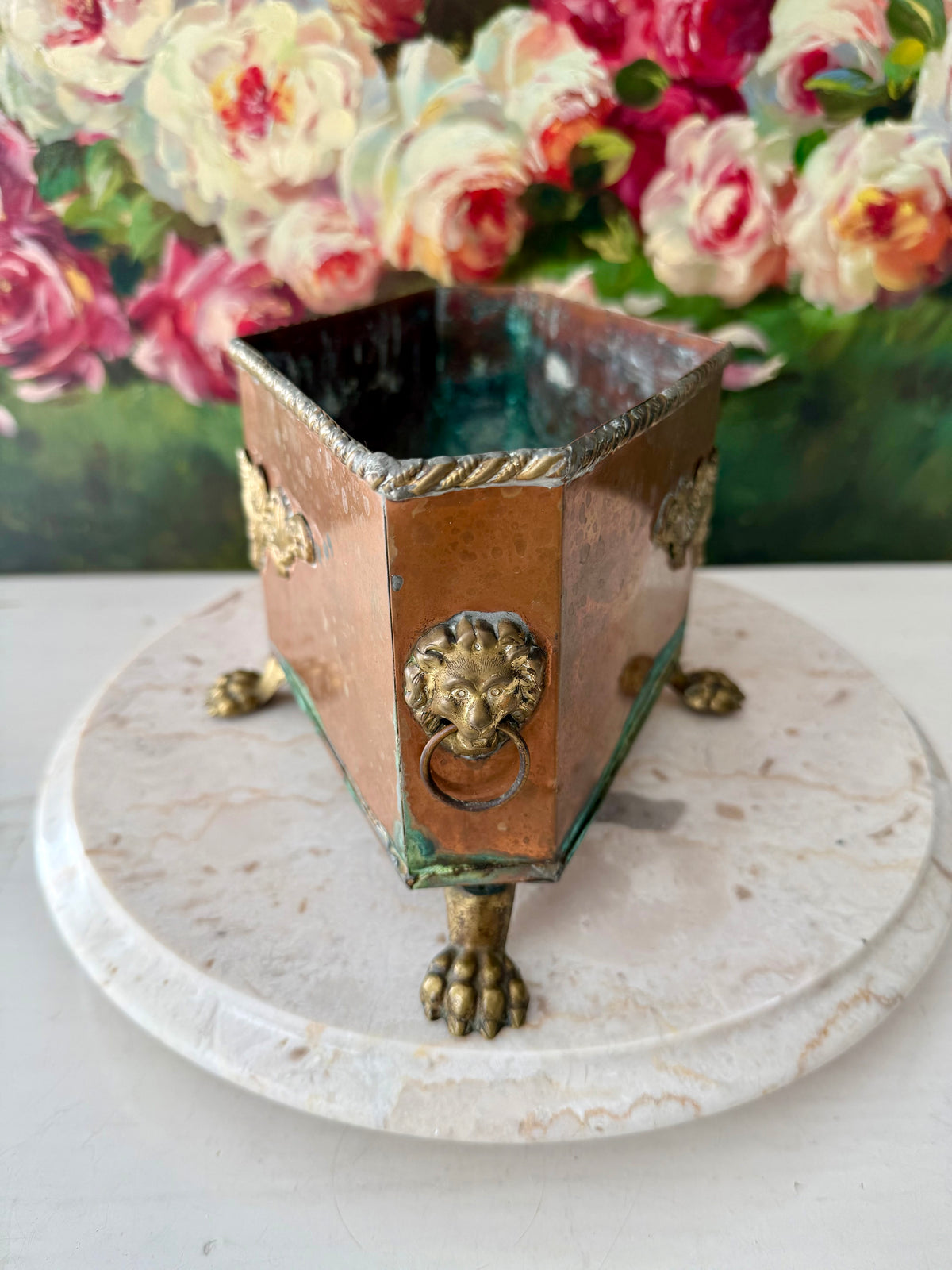 Antique Copper and Brass Planter or Jardinière, Footed Casket Box with Lion Heads and Claw Feet