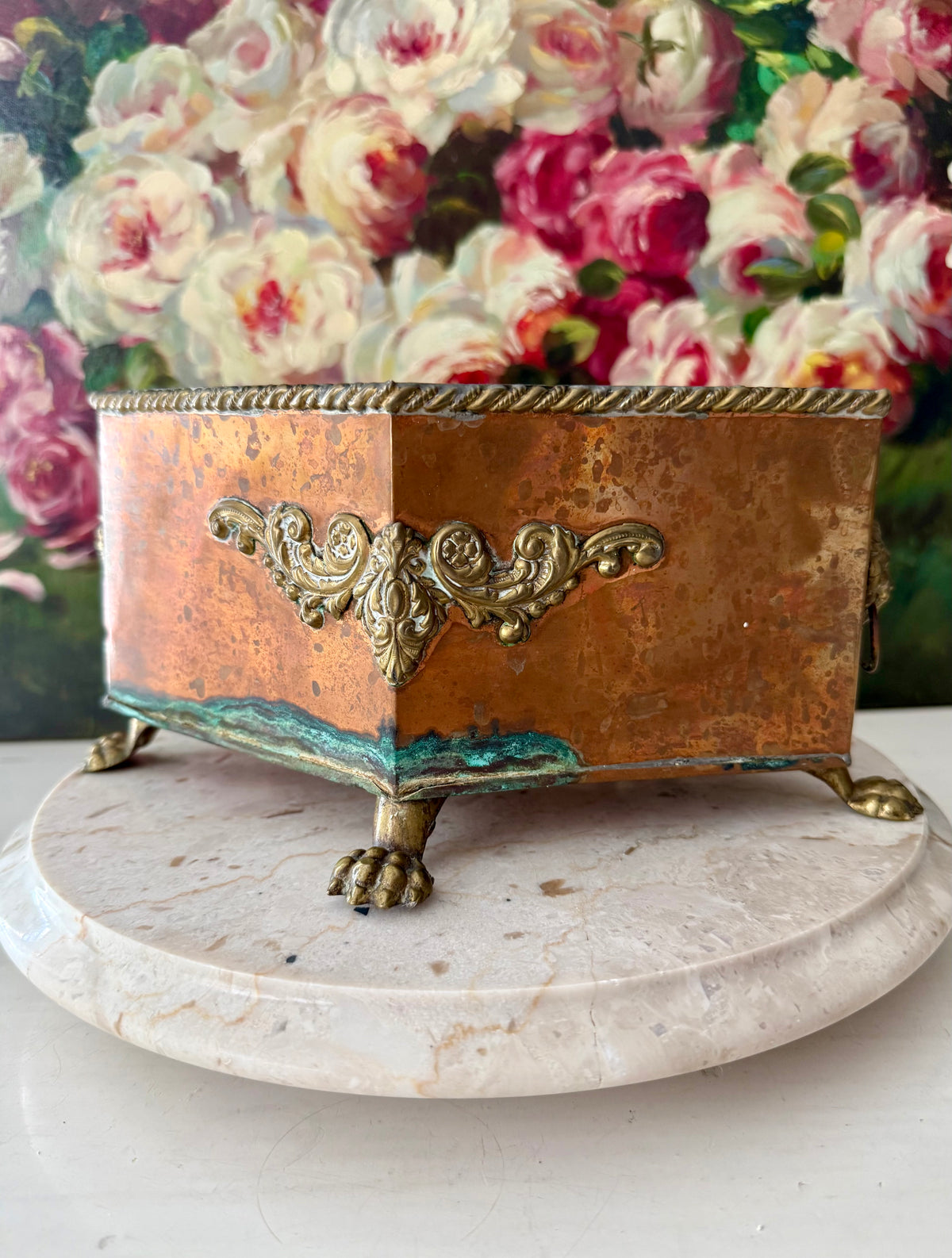 Antique Copper and Brass Planter or Jardinière, Footed Casket Box with Lion Heads and Claw Feet