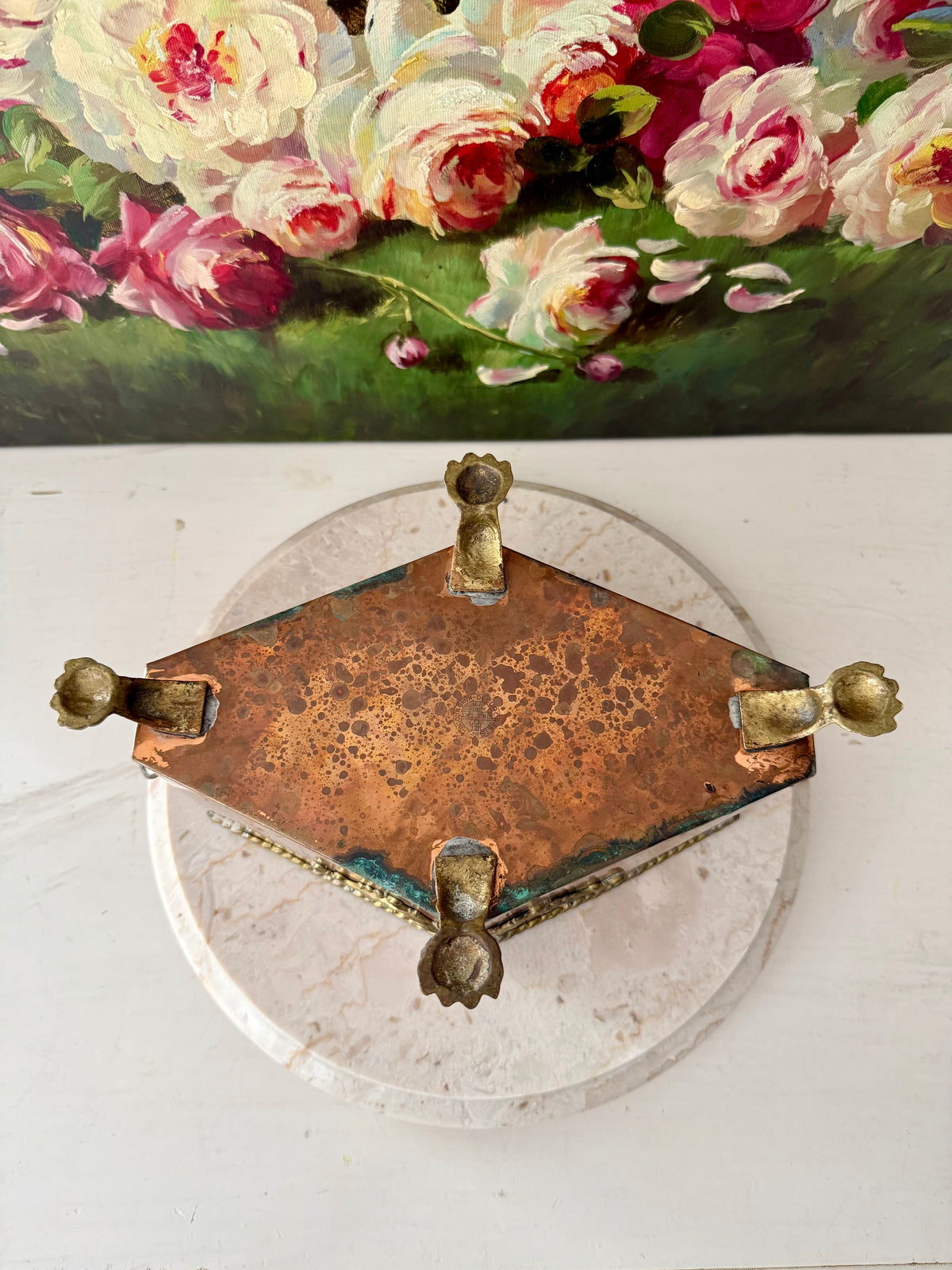 Antique Copper and Brass Planter or Jardinière, Footed Casket Box with Lion Heads and Claw Feet