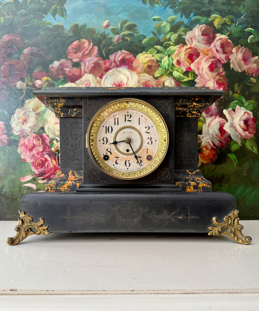 Antique Adamantine Seth Thomas Wooden Mantel Clock from the Late 19th or Early 20th Century with Lion Heads - Working