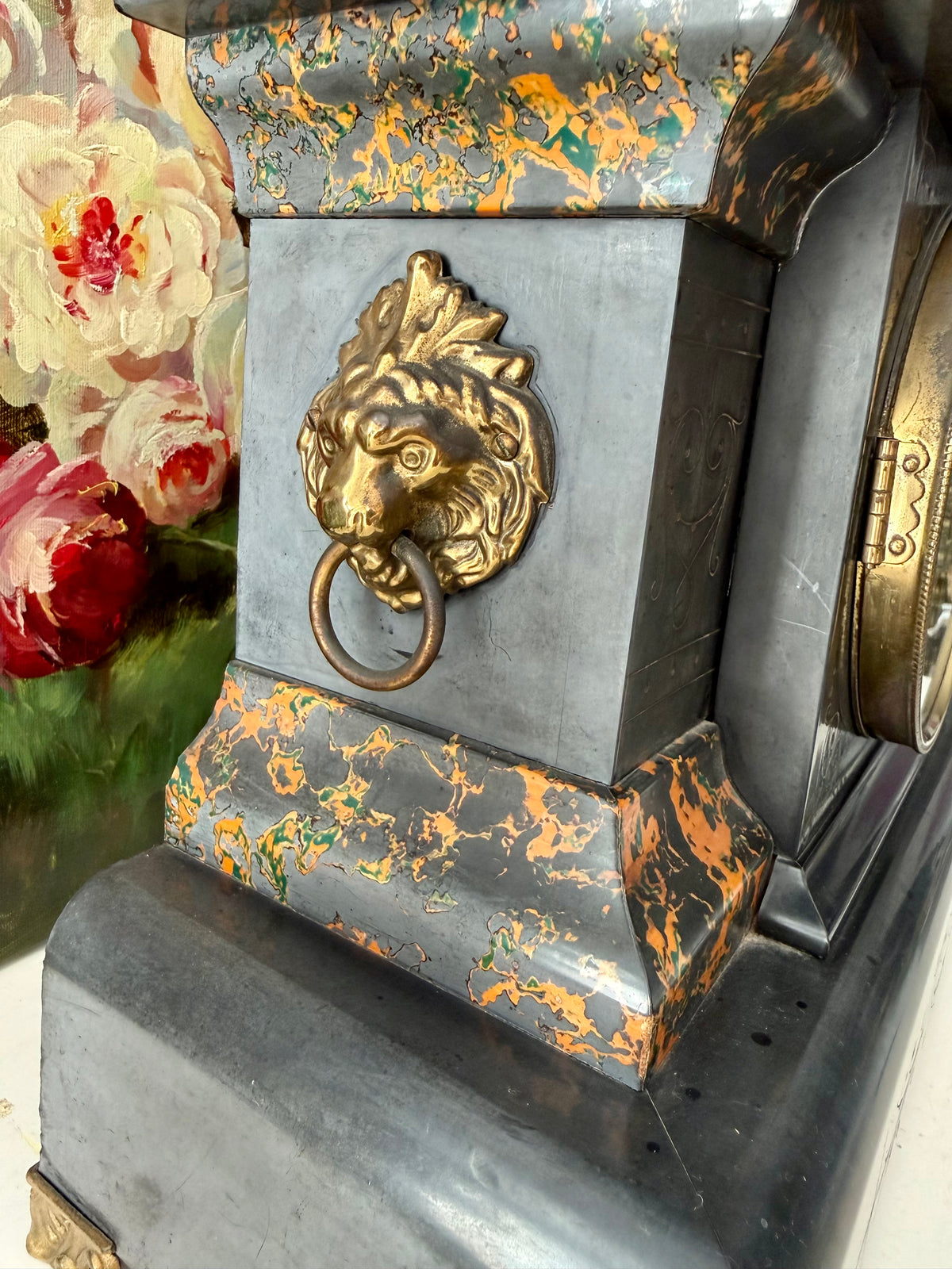 Antique Adamantine Seth Thomas Wooden Mantel Clock from the Late 19th or Early 20th Century with Lion Heads - Working