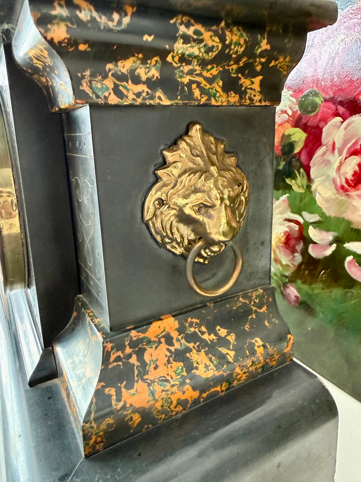 Antique Adamantine Seth Thomas Wooden Mantel Clock from the Late 19th or Early 20th Century with Lion Heads - Working