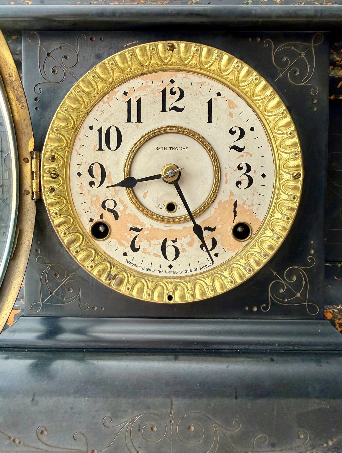 Antique Adamantine Seth Thomas Wooden Mantel Clock from the Late 19th or Early 20th Century with Lion Heads - Working