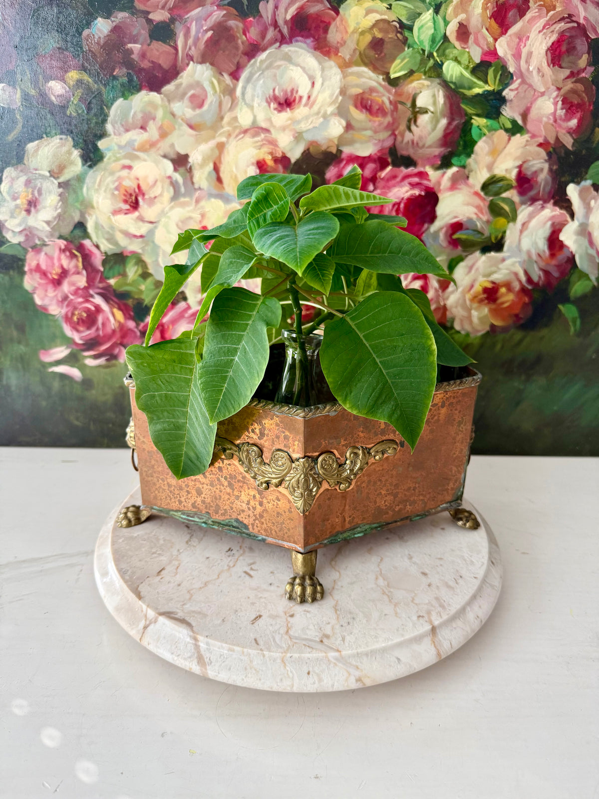 Antique Copper and Brass Planter or Jardinière, Footed Casket Box with Lion Heads and Claw Feet