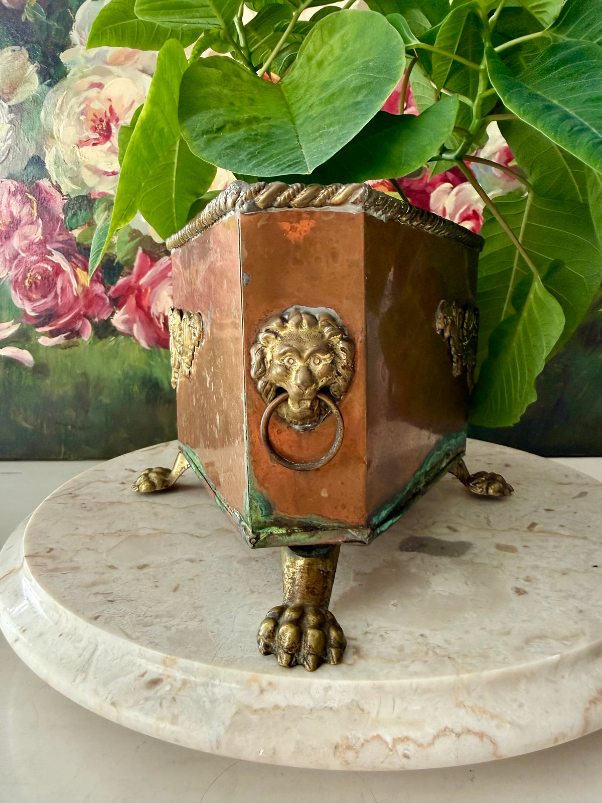 Antique Copper and Brass Planter or Jardinière, Footed Casket Box with Lion Heads and Claw Feet