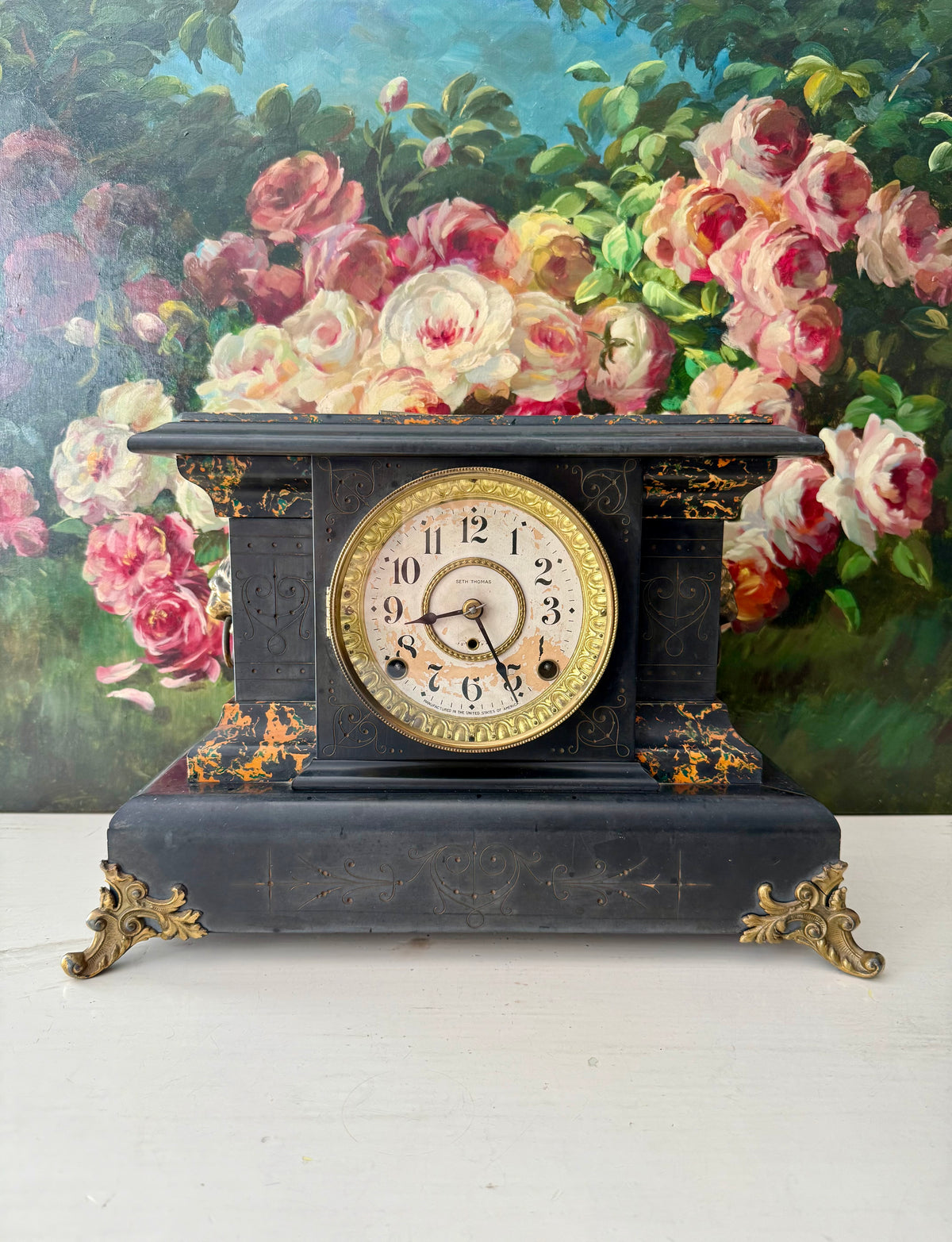 Antique Adamantine Seth Thomas Wooden Mantel Clock from the Late 19th or Early 20th Century with Lion Heads - Working