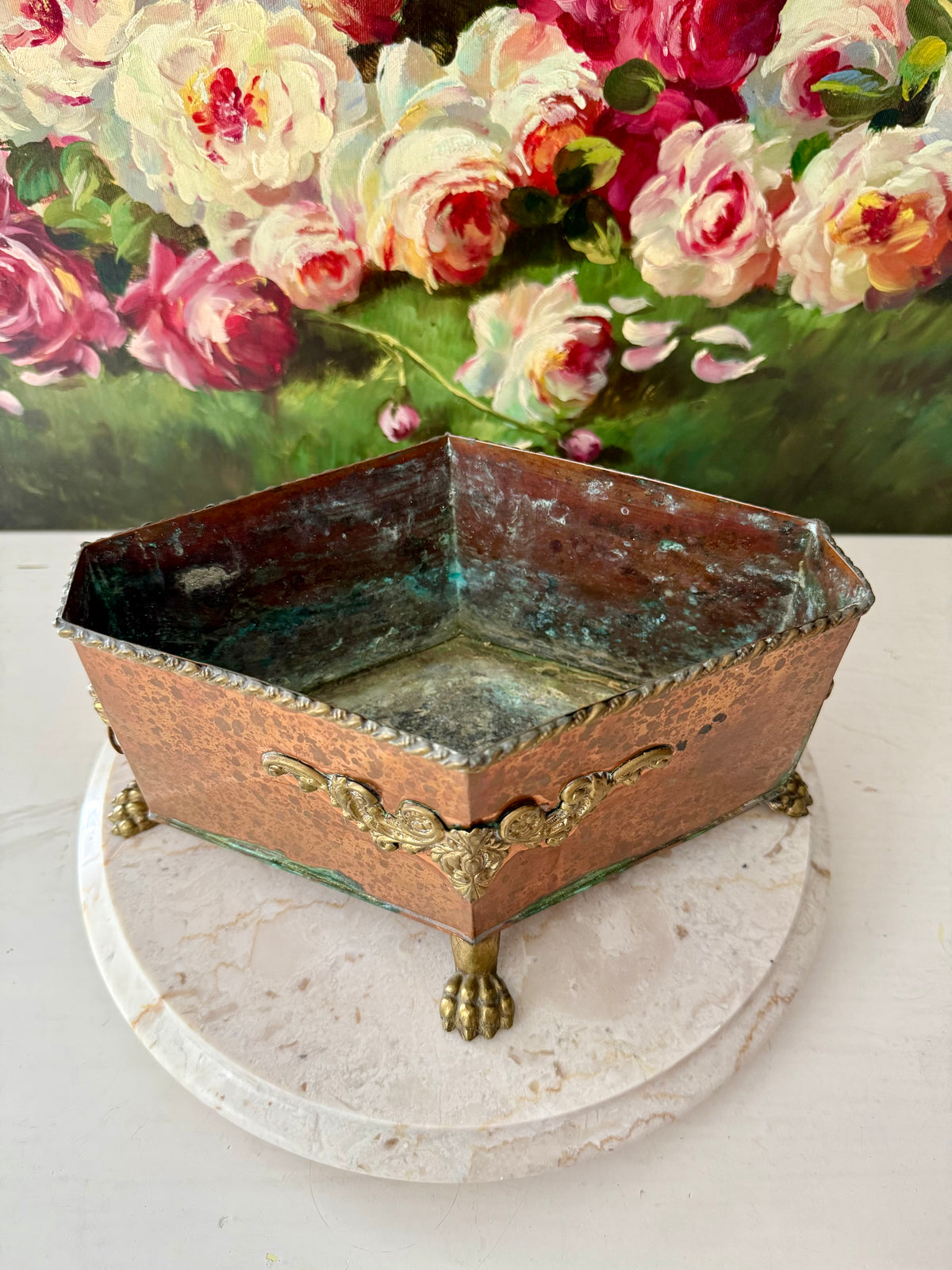 Antique Copper and Brass Planter or Jardinière, Footed Casket Box with Lion Heads and Claw Feet