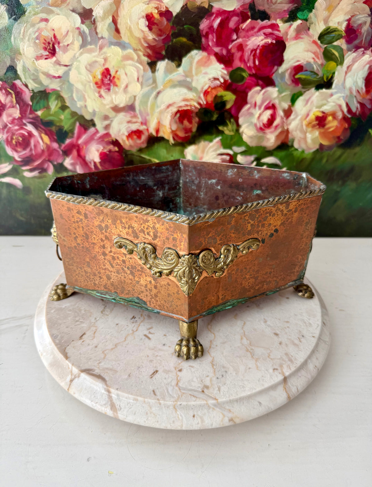 Antique Copper and Brass Planter or Jardinière, Footed Casket Box with Lion Heads and Claw Feet