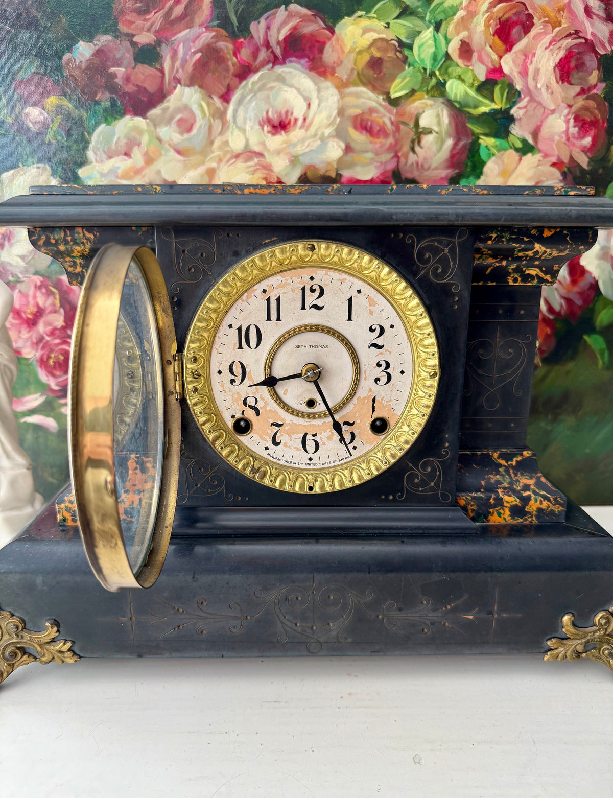 Antique Adamantine Seth Thomas Wooden Mantel Clock from the Late 19th or Early 20th Century with Lion Heads - Working