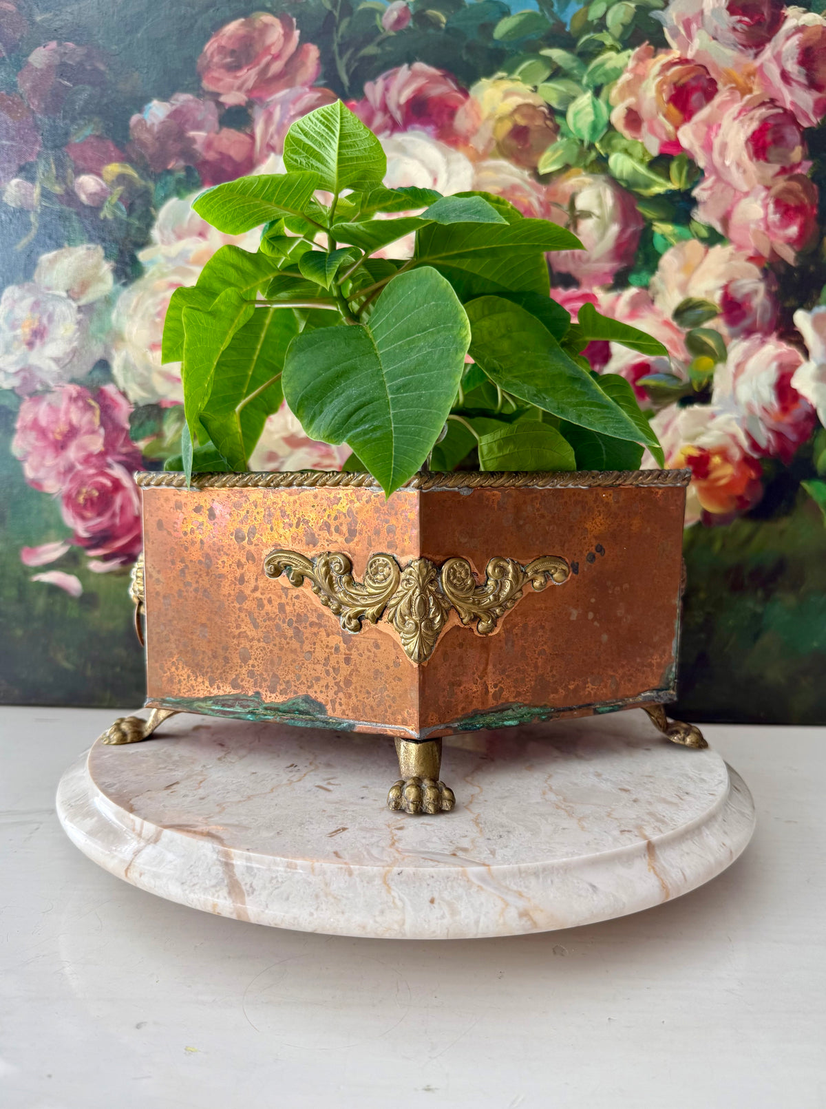 Antique Copper and Brass Planter or Jardinière, Footed Casket Box with Lion Heads and Claw Feet
